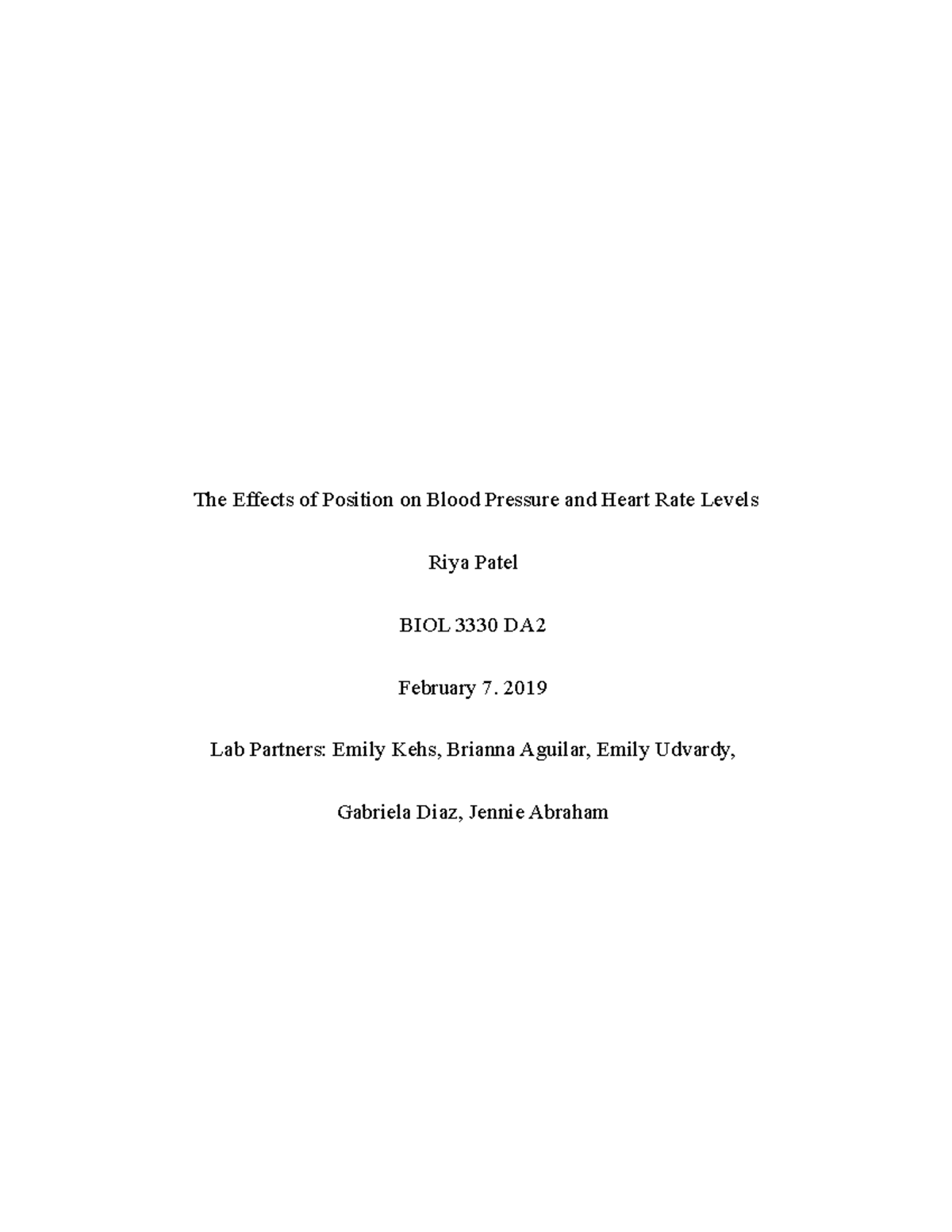 Blood Pressure and Heart Rate Variations: A BIOL DA2 Lab Report - Studocu