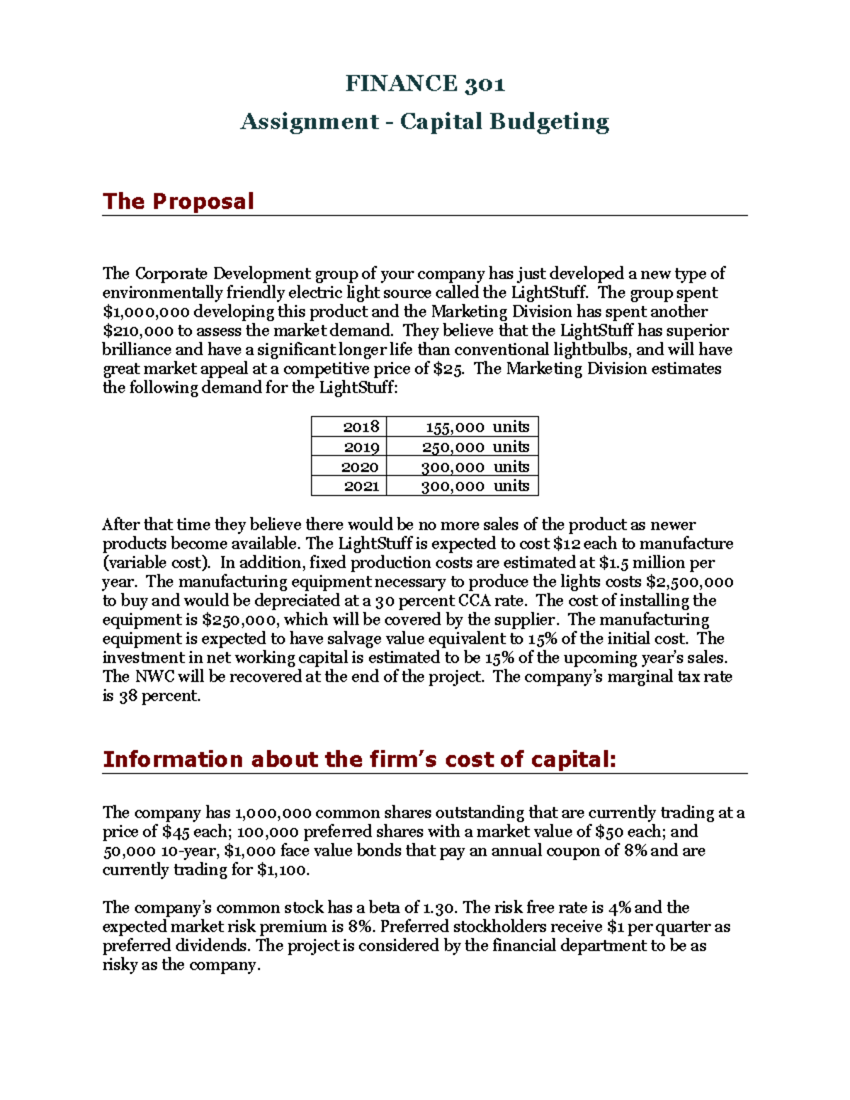 FINANCE 301 Assignment - Capital Budgeting Analysis for LightStuff ...