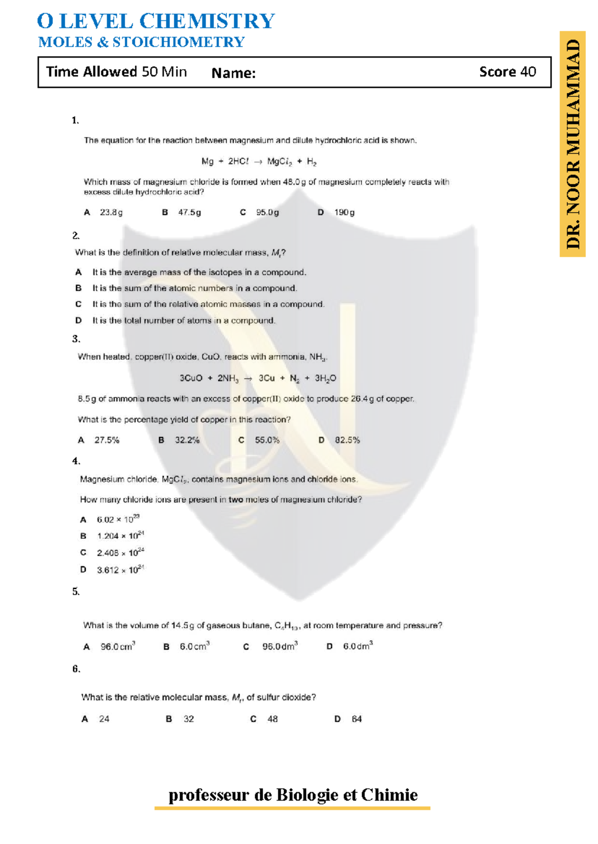 O Level Chemistry Test 4: Moles & Stoichiometry (50 Min) - Studocu