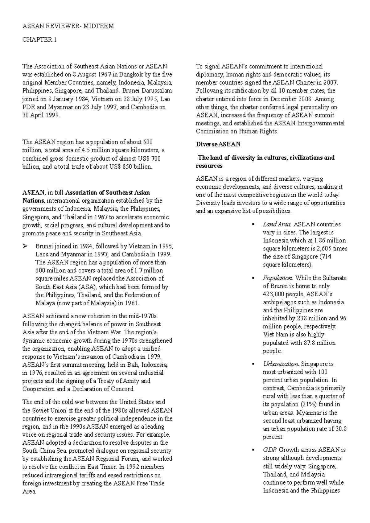 ASEAN MIDTERM REVIEW: Chapter 1 Overview and Key Developments - Studocu