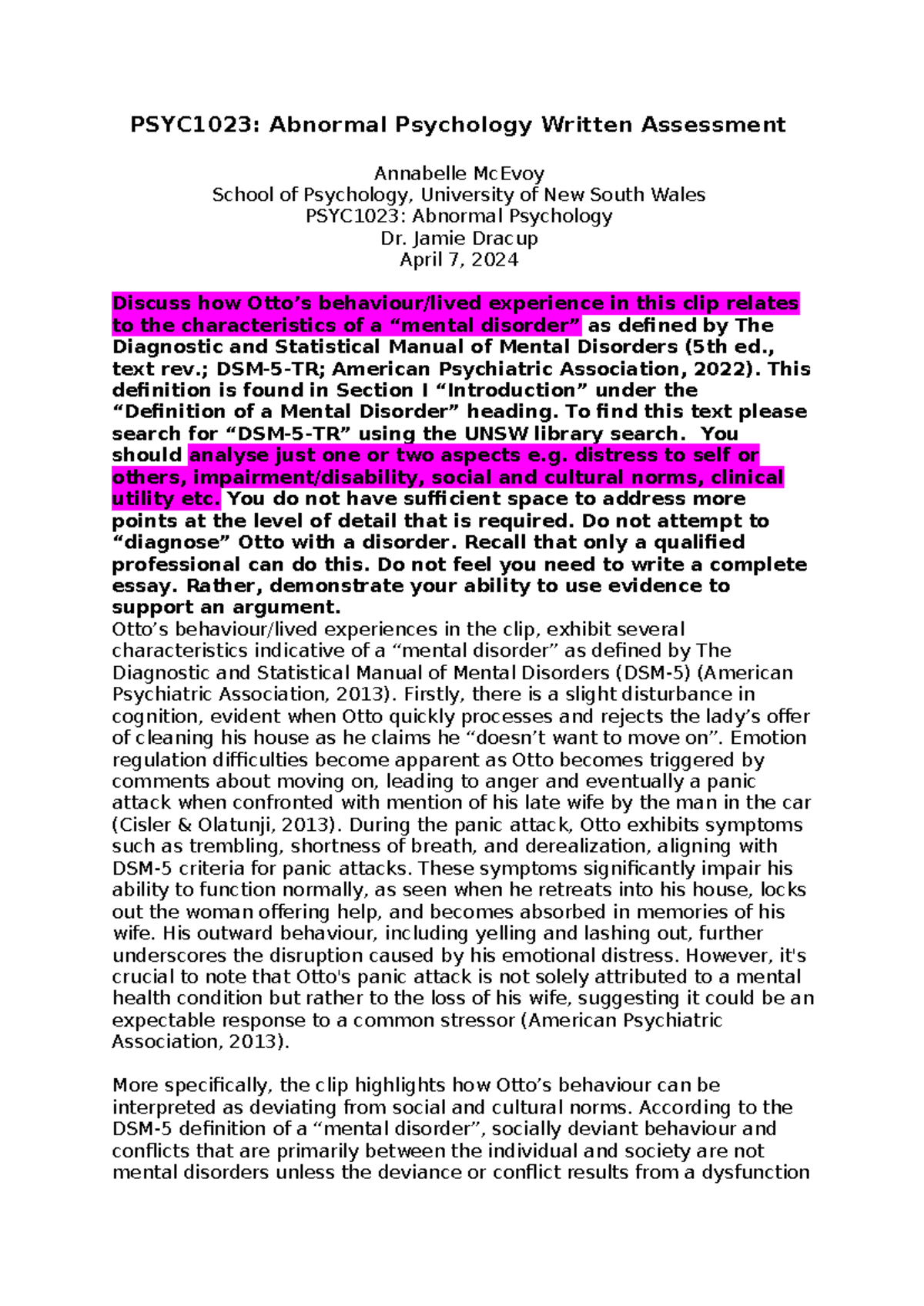 PSYC1023 Written Assessment Draft - PSYC1023: Abnormal Psychology ...