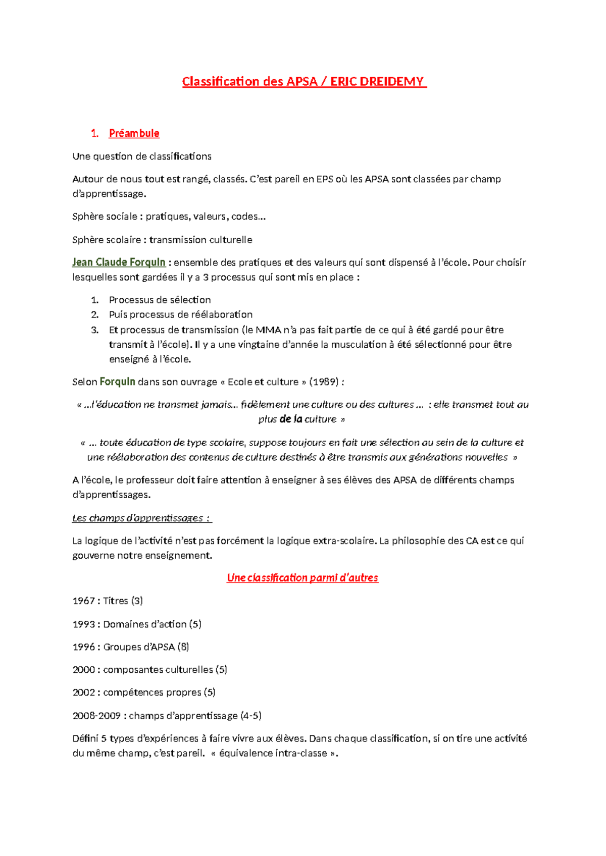 Classification des APSA en EPS : Perspectives et Controverses - Studocu
