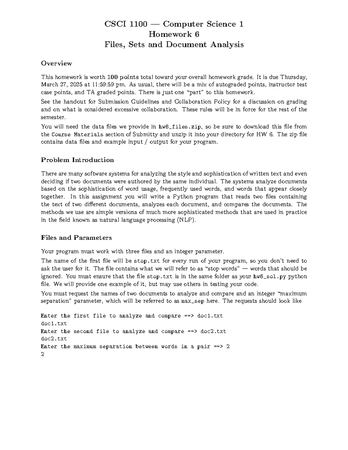 CSCI 1100 Homework 6: Files, Sets & Document Analysis Guide - Studocu