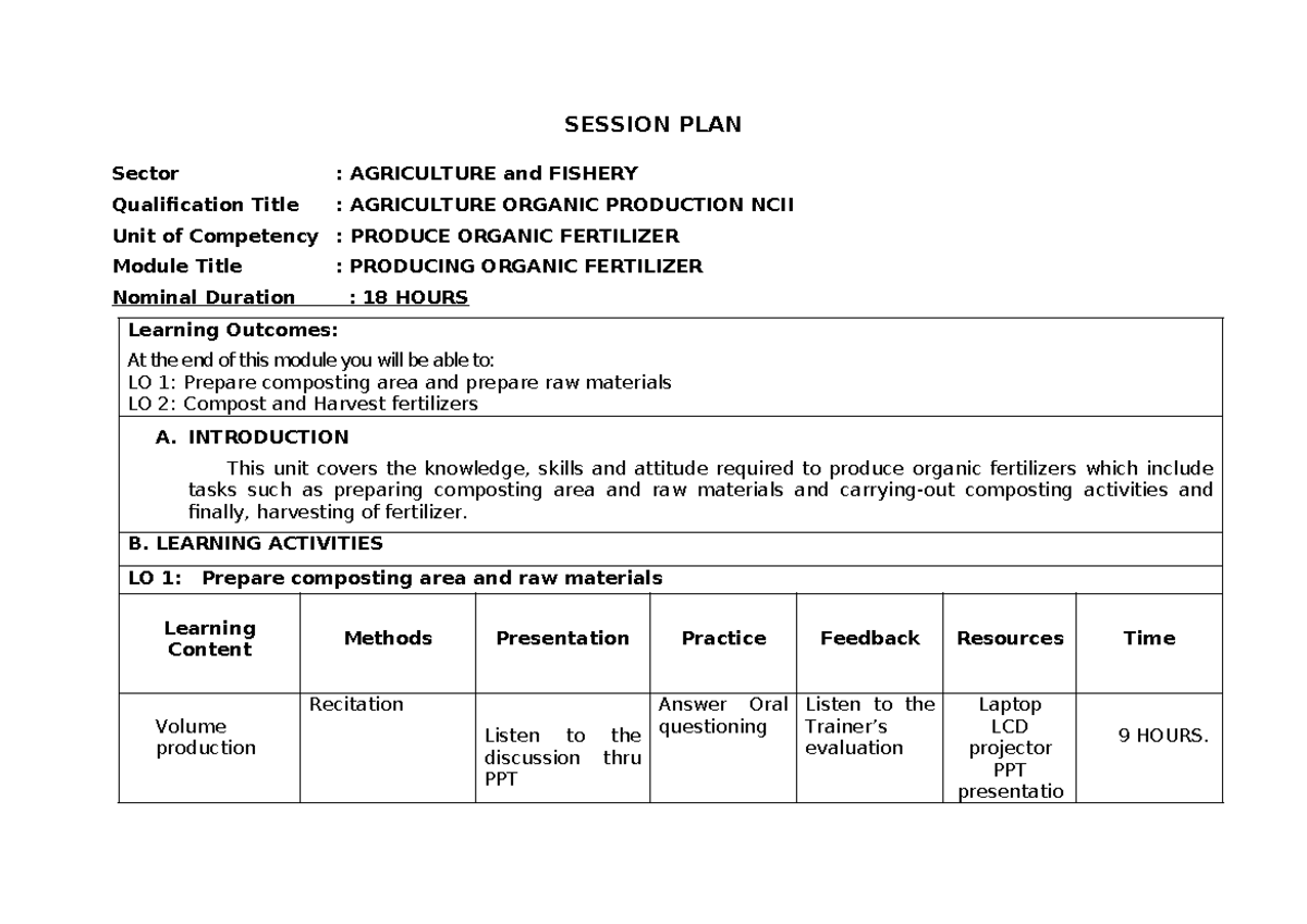 UC 3 Session Plan: Producing Organic Fertilizers in Agriculture - Studocu
