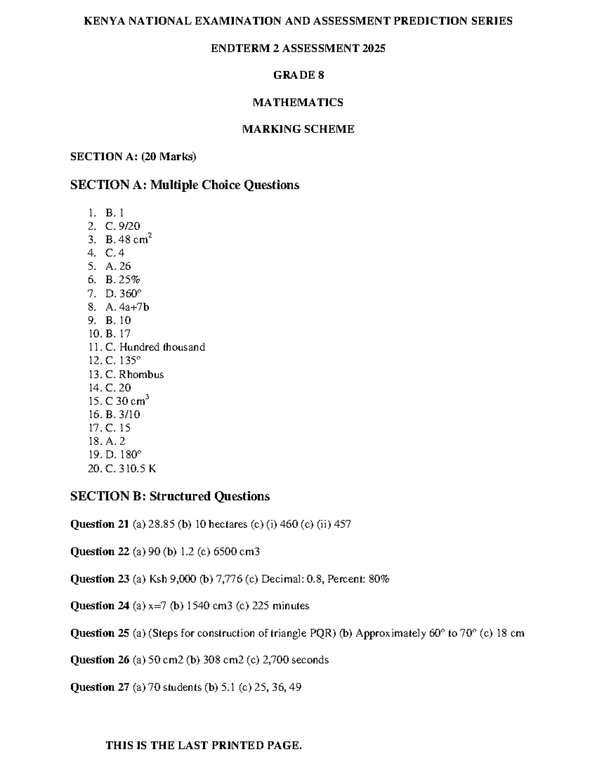 Grade 8 Mathematics Endterm 2 Assessment Marking Scheme 2025 - Studocu