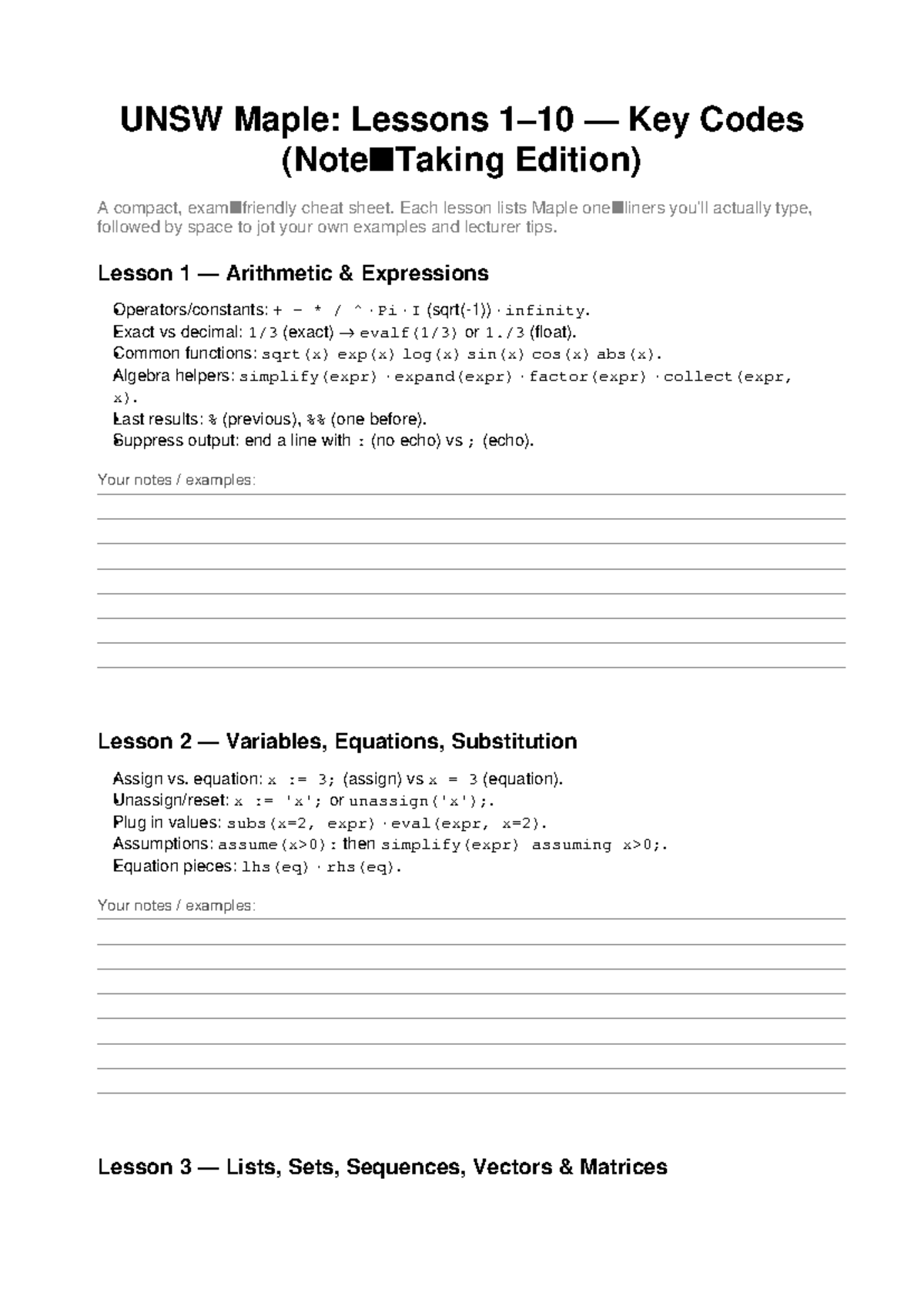 UNSW Maple: Key Codes Cheat Sheet for Lessons and Tips - Studocu