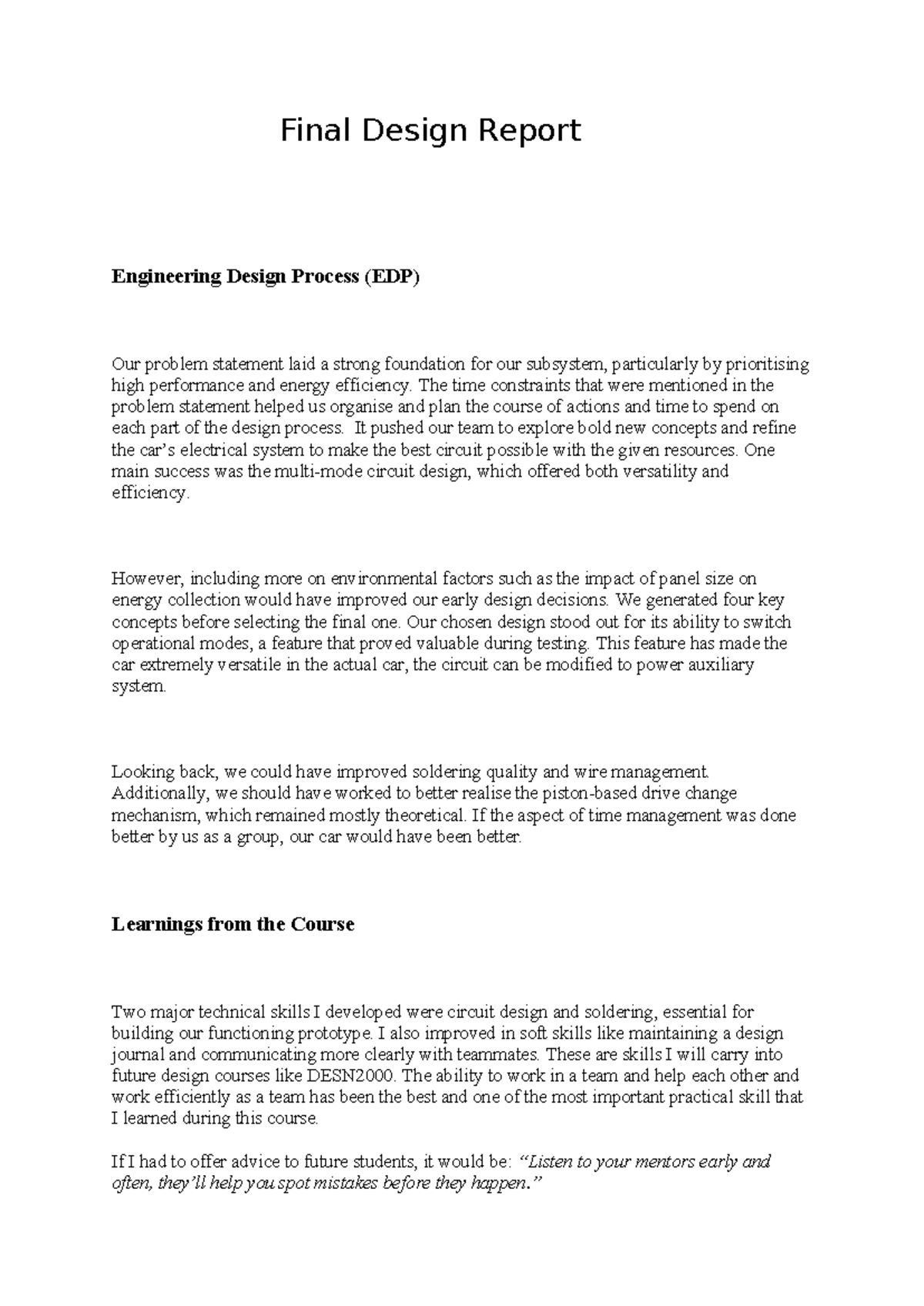 Final Design Report: Engineering Design Process (EDP) Insights and ...