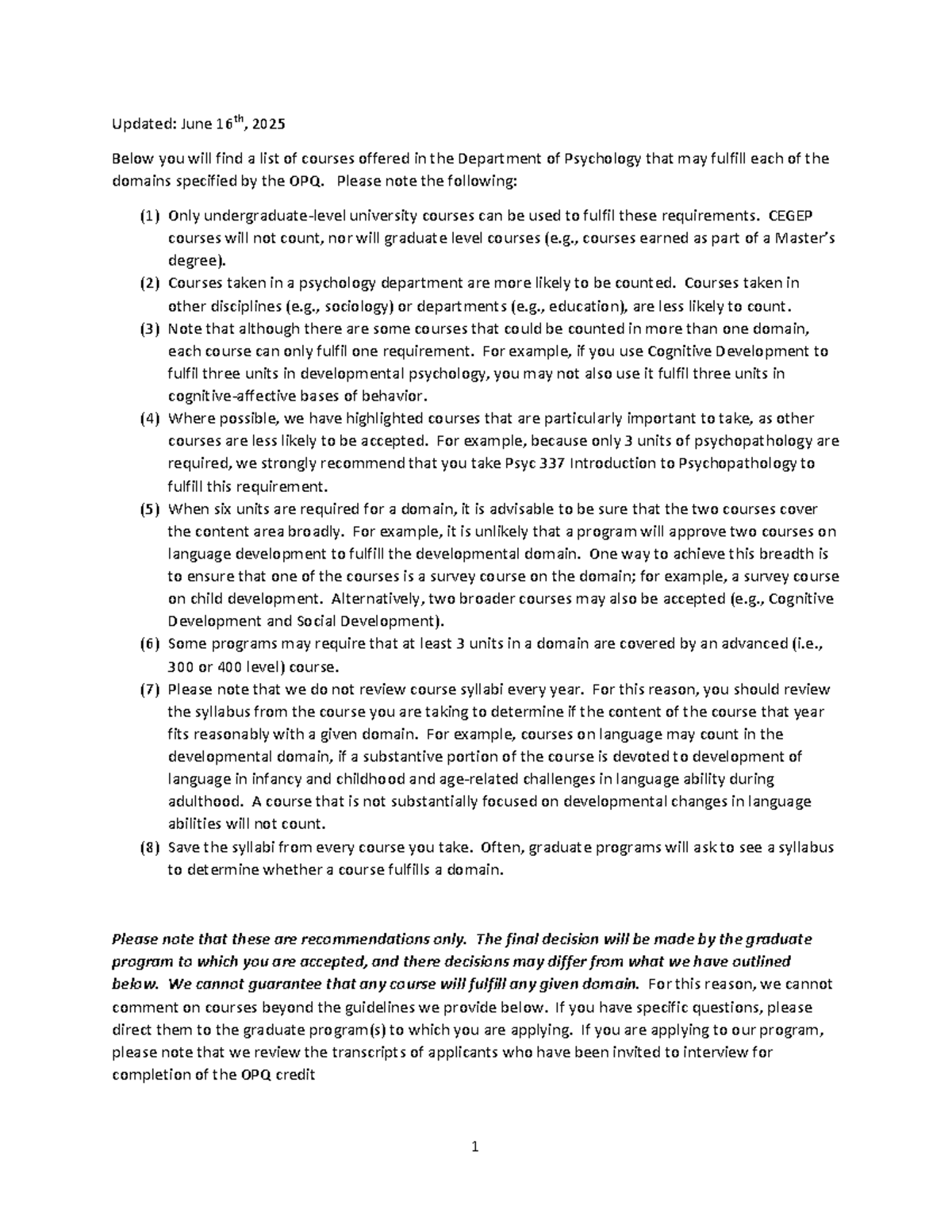 OPQ Course Requirements for Psychology - 2025 Guide - Studocu