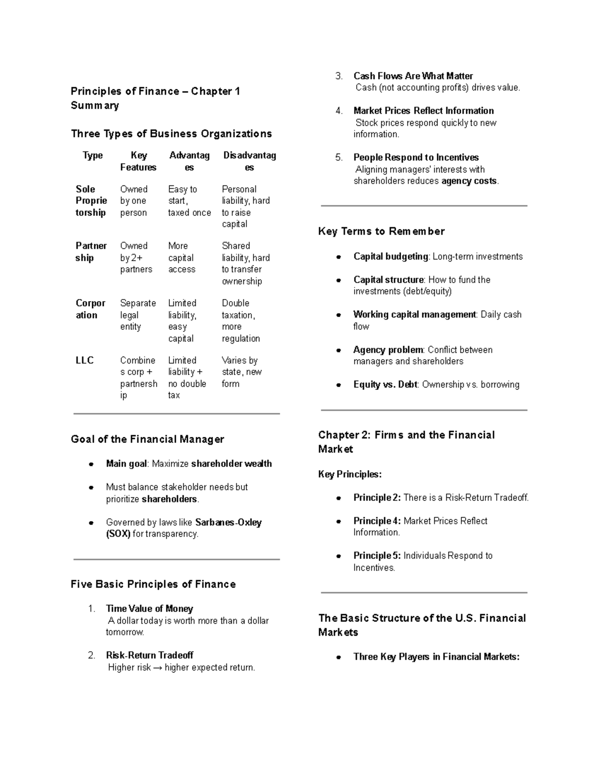 Principles of Finance (FIN 101) Chapter 1-4 Summary and Key Concepts ...