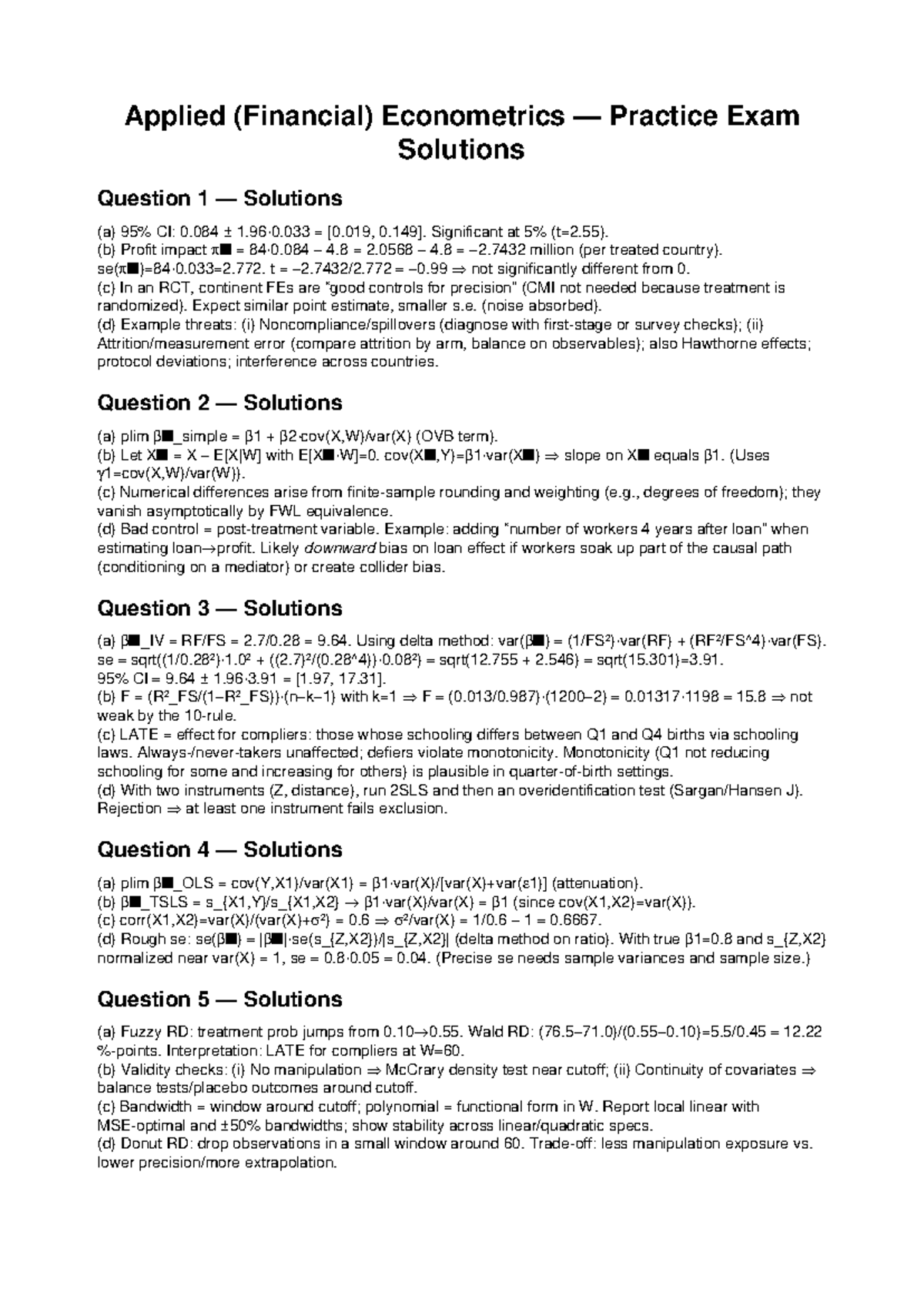 Applied Financial Econometrics Practice Exam Solutions - Studeersnel