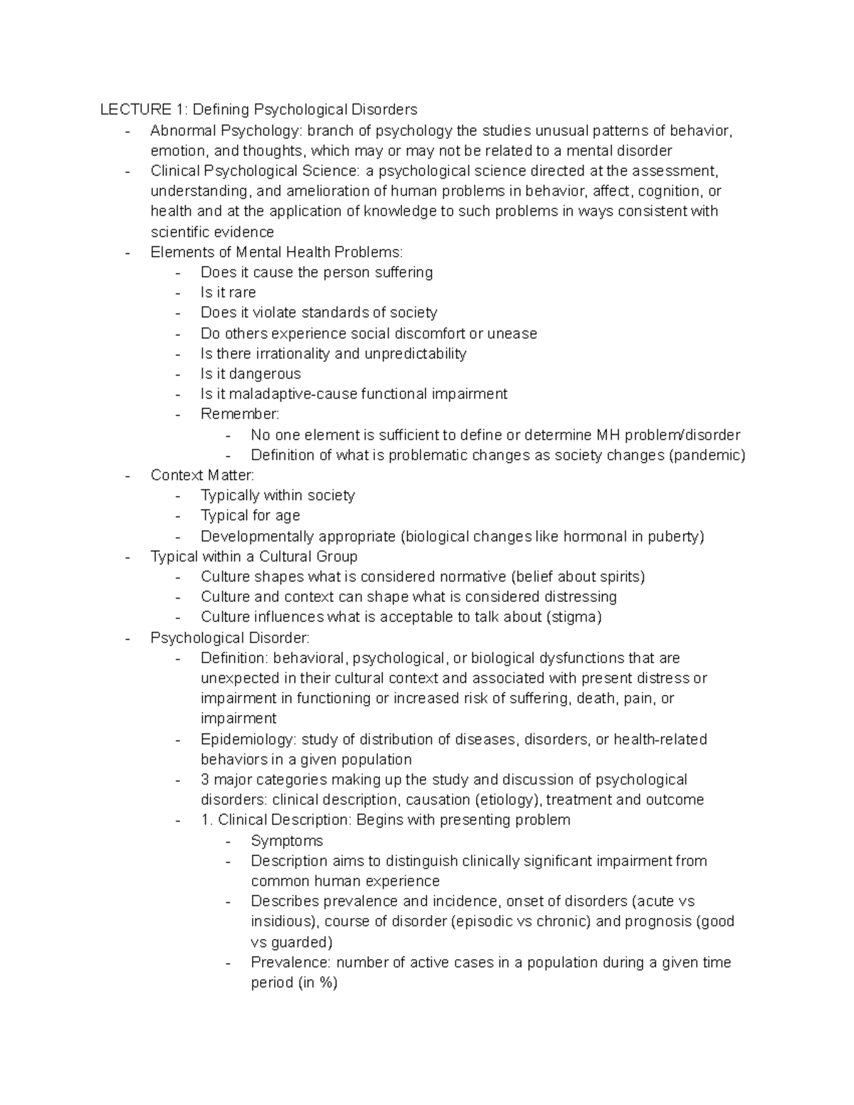 Lecture 1 & 2: Understanding Psychological Disorders - Studocu