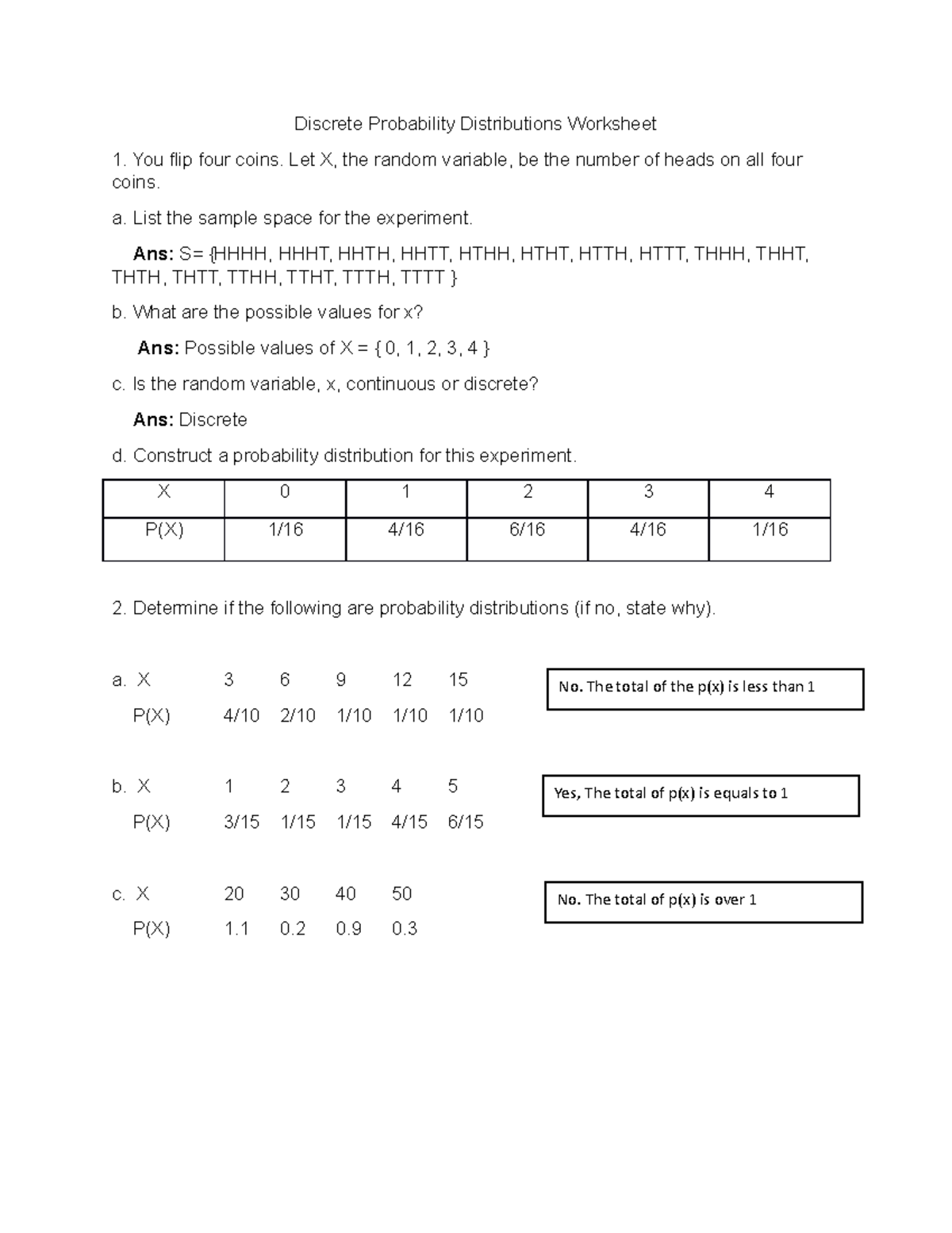 Discrete Probability Distributions Worksheet Answers - Discrete ...