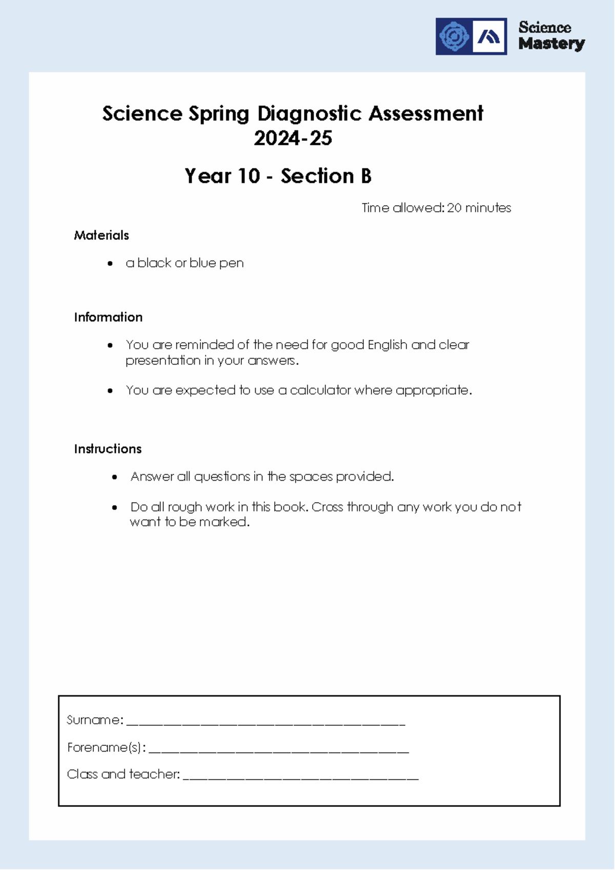 Y10 Science Spring Diagnostic Assessment 2024-25: Section B - Studocu