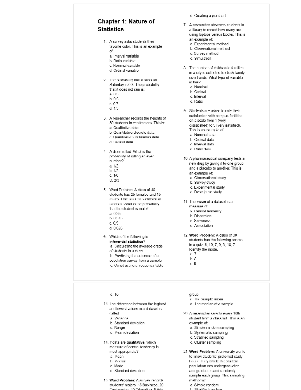 Psych Stats Mock Exam: Chapter 1 - Nature of Statistics - Studocu