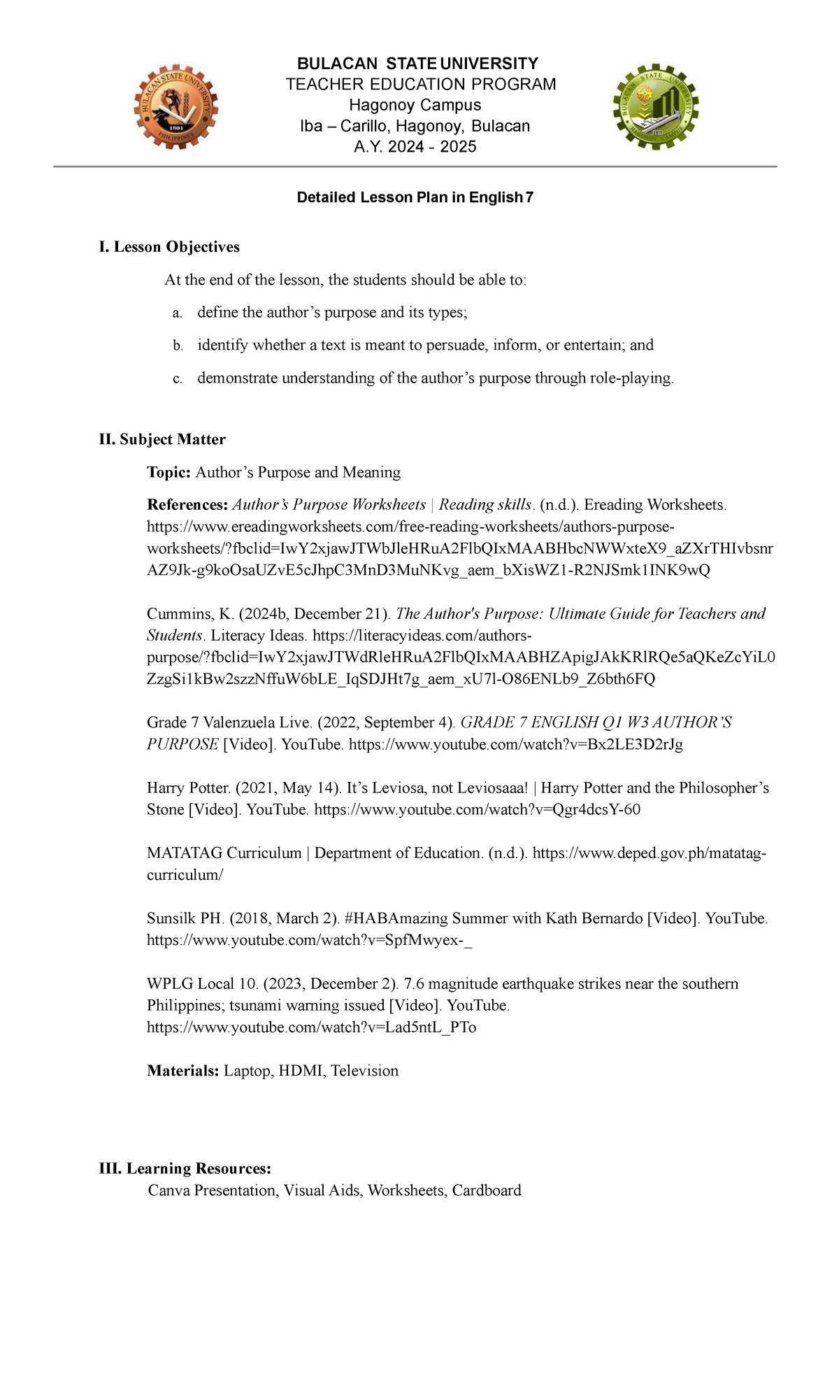Detailed Lesson Plan in English 7: Understanding Author's Purpose DLP ...
