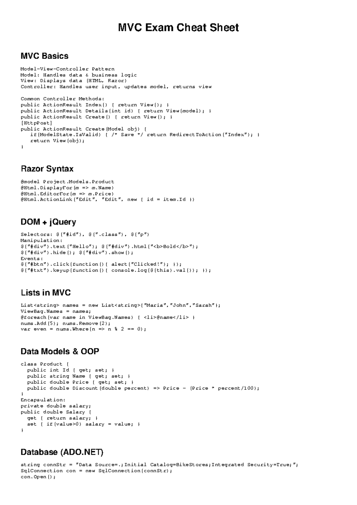 MVC 101: Exam Cheat Sheet on Basics & Patterns - Studocu