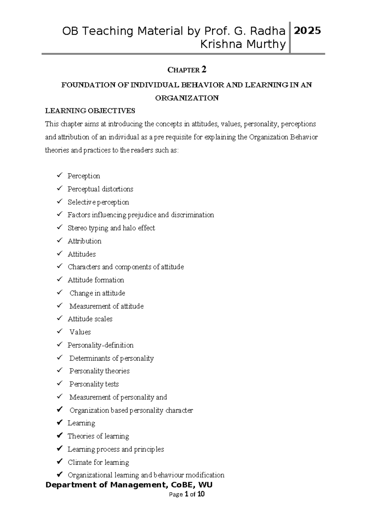 OB Chapter - II - Lecture notes - OB Teaching Material by Prof. G ...