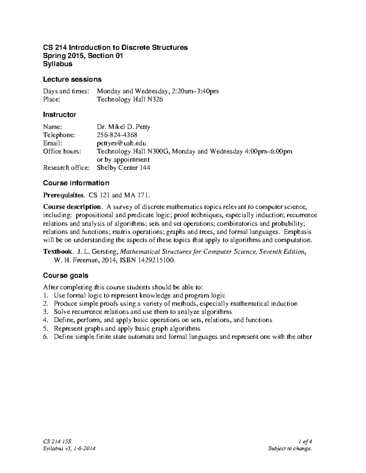 CS 214 15S Syllabus for Introduction to Discrete Structures - Studocu