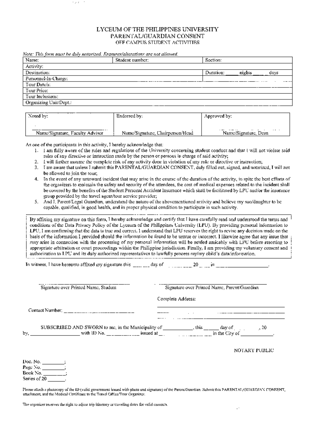 LPU Parental Guardian Consent Form for Off-Campus Activities - Studocu