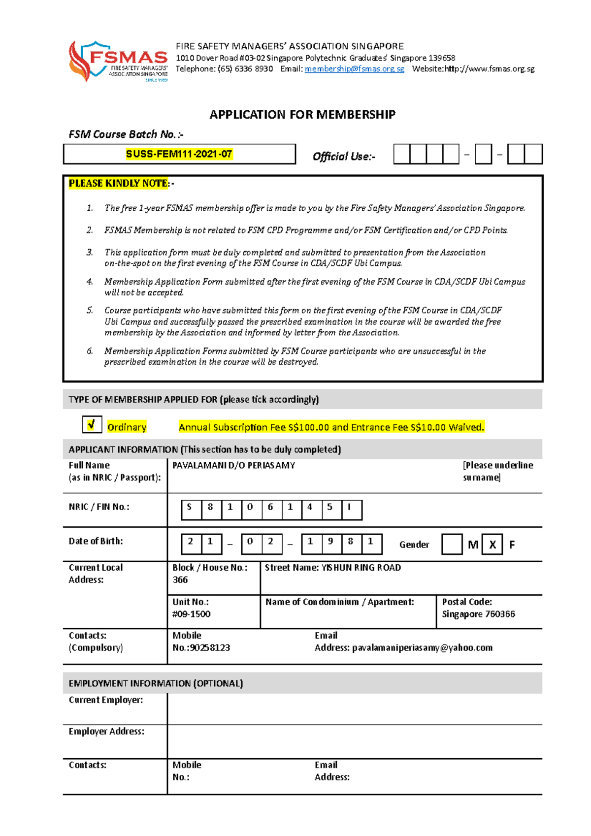 SUSS-FEM111-2021-07 Free 1-Year FSMAS Membership Application Form - Studocu