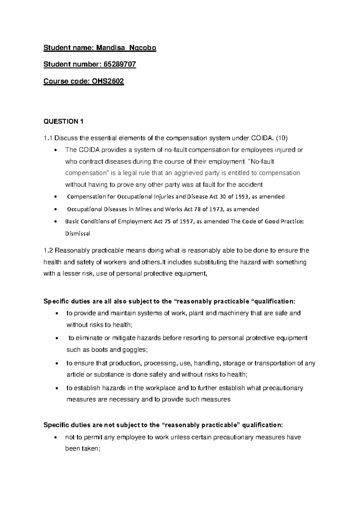 OHS2602 Assignment: Understanding COIDA and Employment Legislation ...
