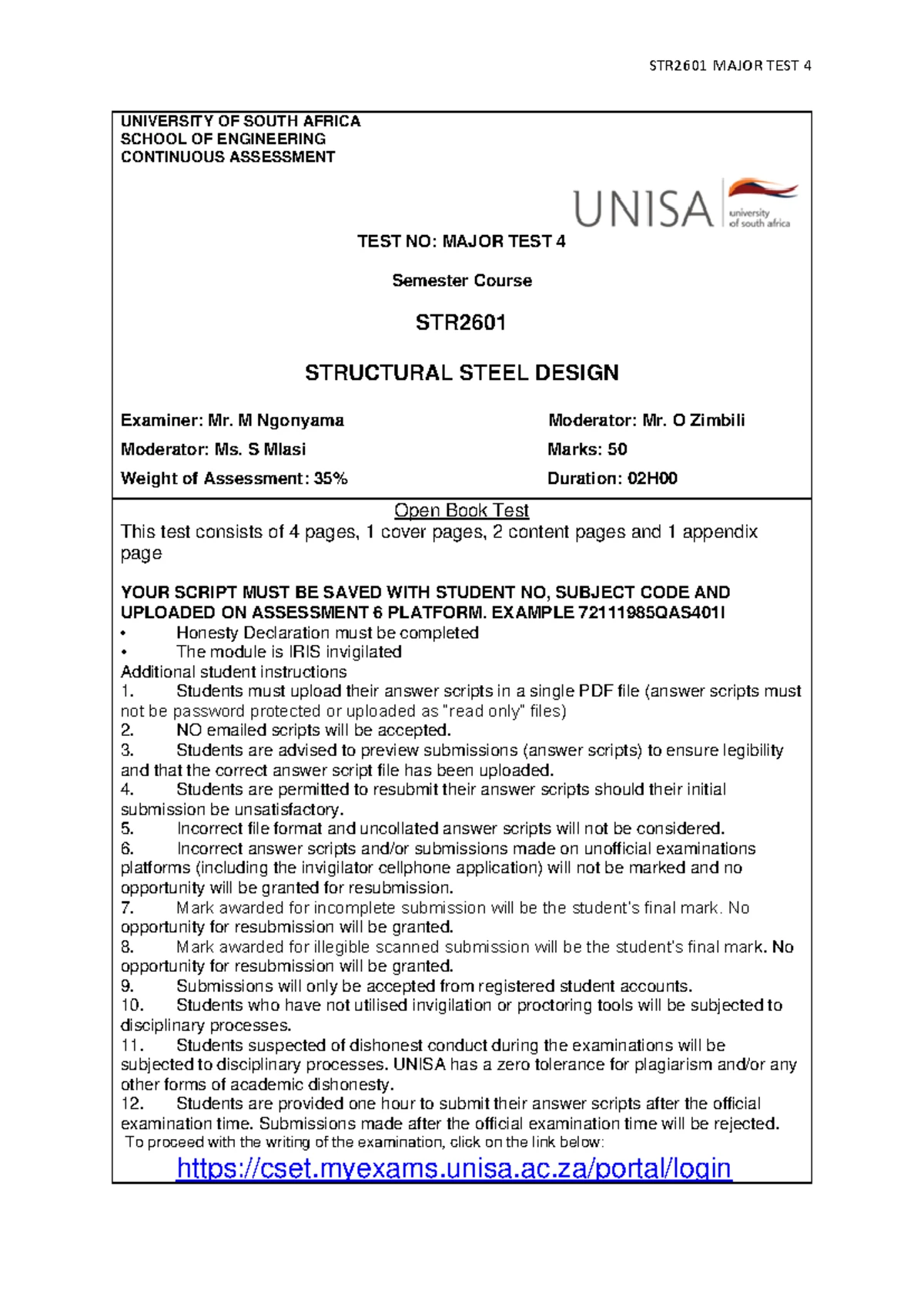 STR2601 Major Test 1: Structural Steel Design II Guidelines 2024 - Studocu