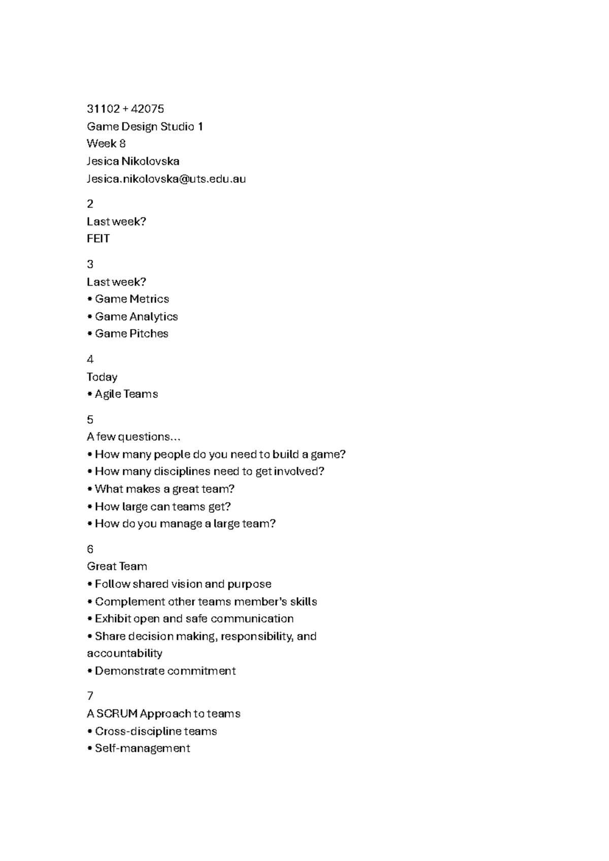31102 42075 Game Design Studio 1 Week 8 Lecture Summary Notes - Studocu