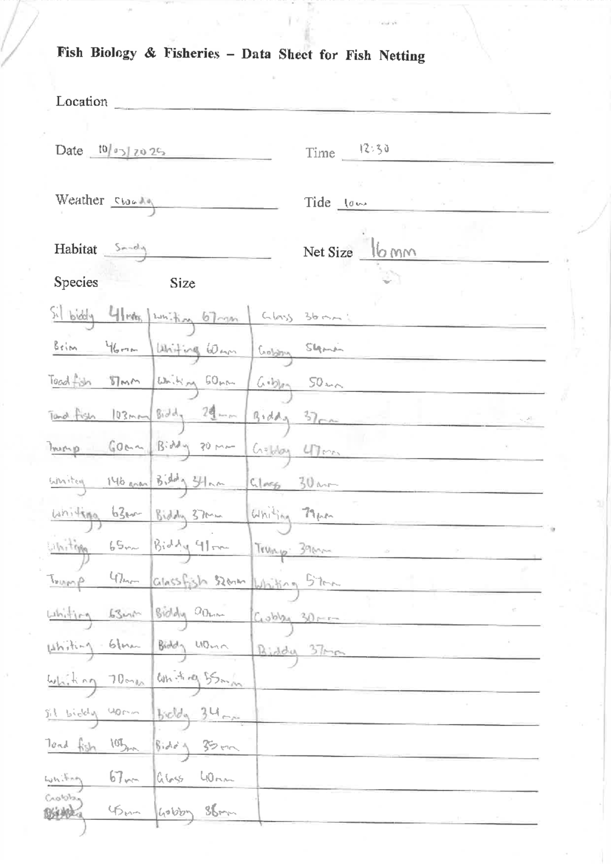 Fish Biology & Fisheries - 2025 Data Sheets for Fish Netting - Studocu
