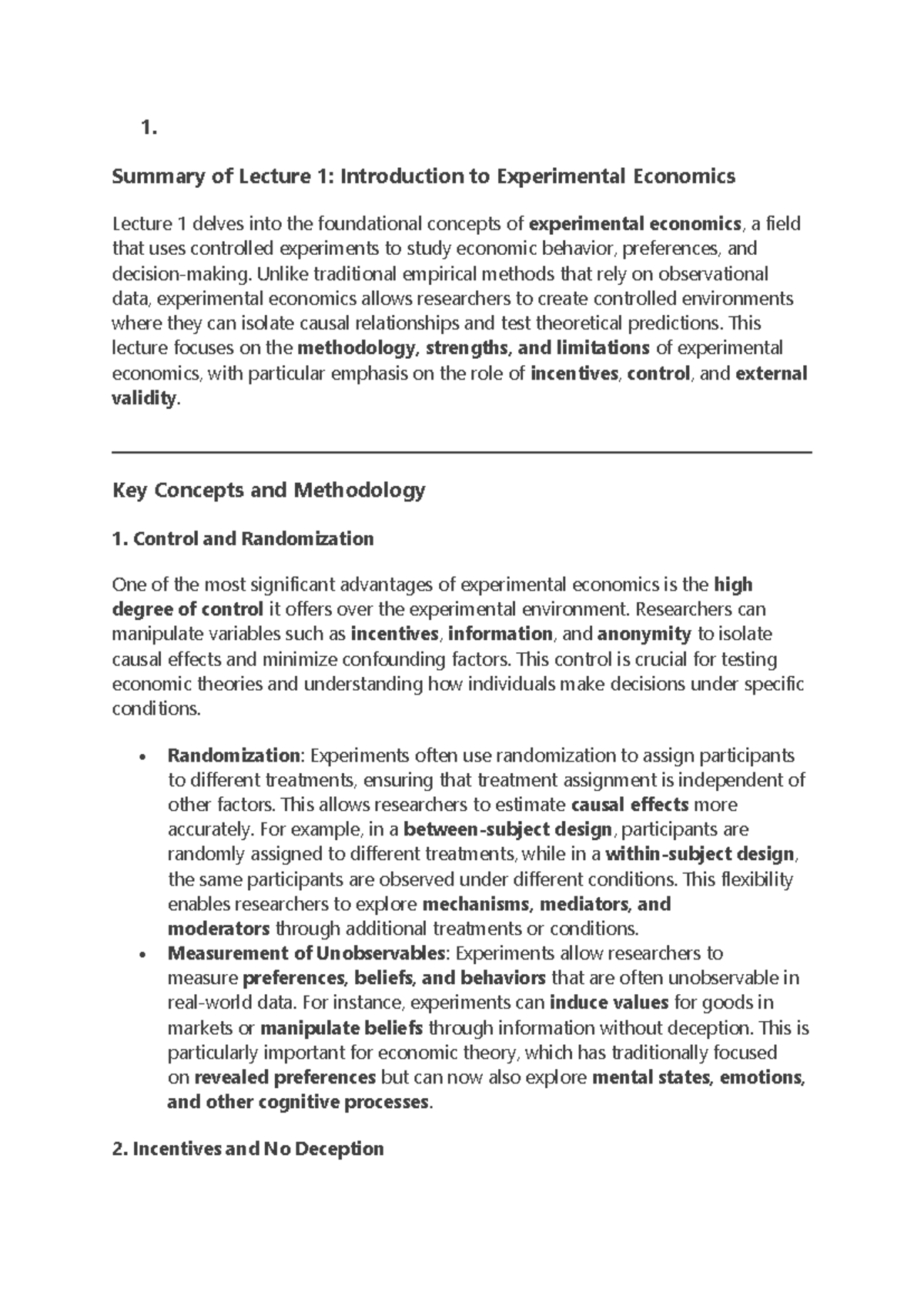 Experimental Economics: Lecture 1 & 2 Notes Overview (ECO 101