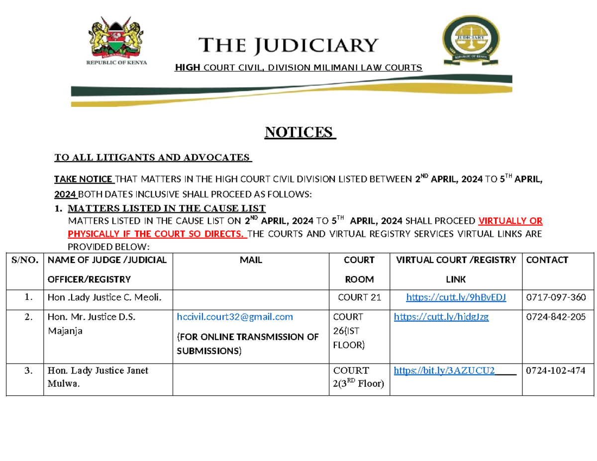 Civil Notices for High Court April 2-5, 2024: Virtual Links and Info ...