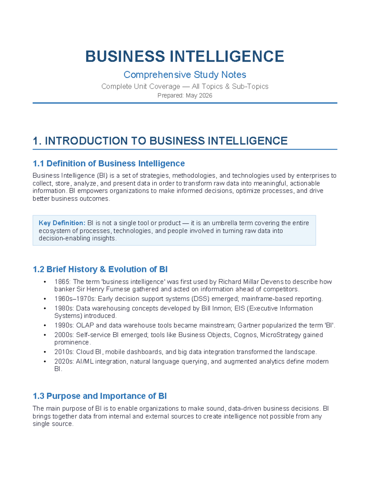 BUSINESS INTELLIGENCE (BI) Comprehensive Study Notes - May 2026 - Studocu