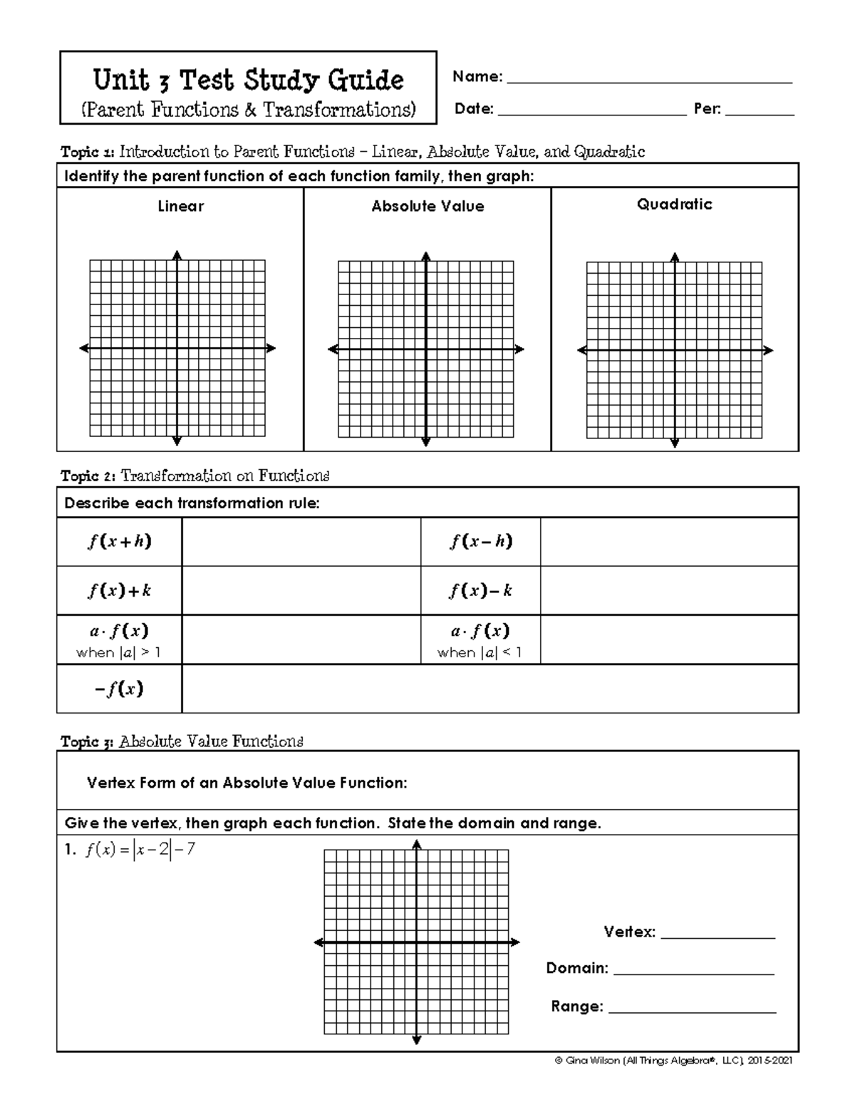 Unit 3 Test Study Guide: Parent Functions & Transformations - Studocu