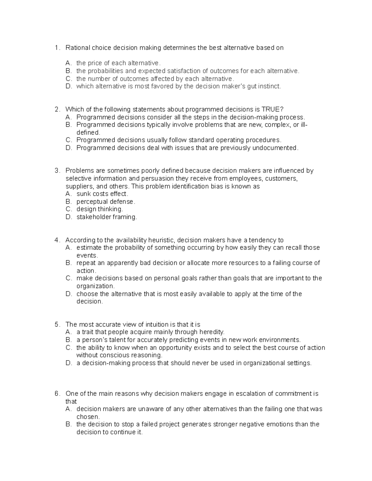 Chapter 6: Rational Choice Decision Making & Decision Biases - Studocu