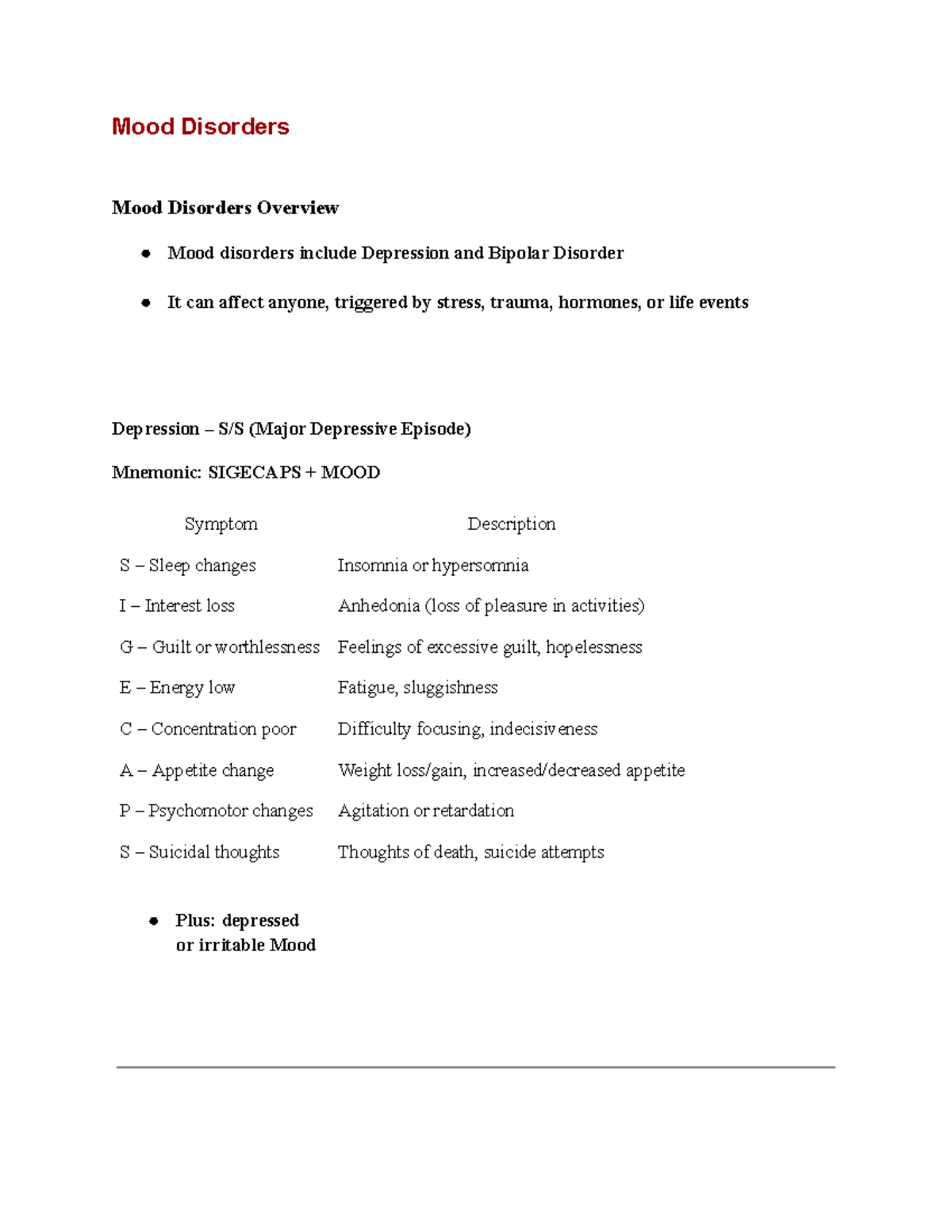 Mental Disorders - 144 unit 2 summary - Mood Disorders Mood Disorders ...