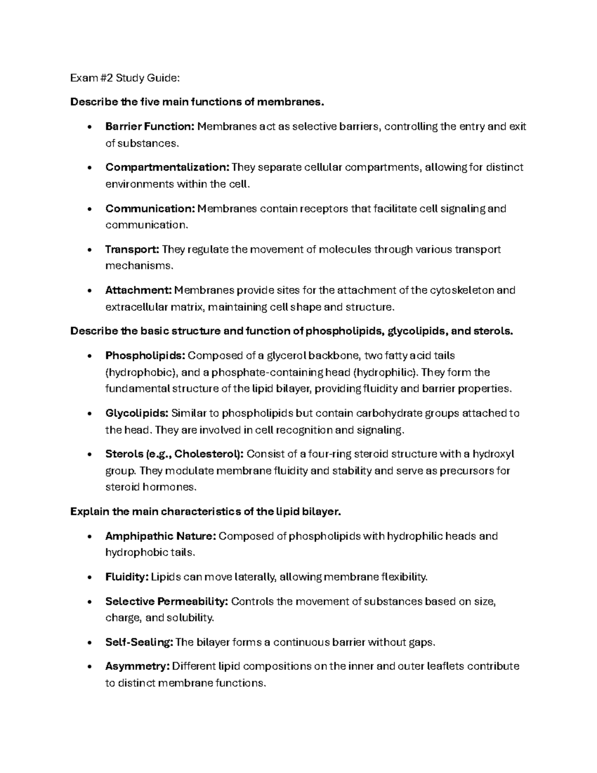 Biology 101: Exam 2 Study Guide on Membranes and Transport Mechanisms ...