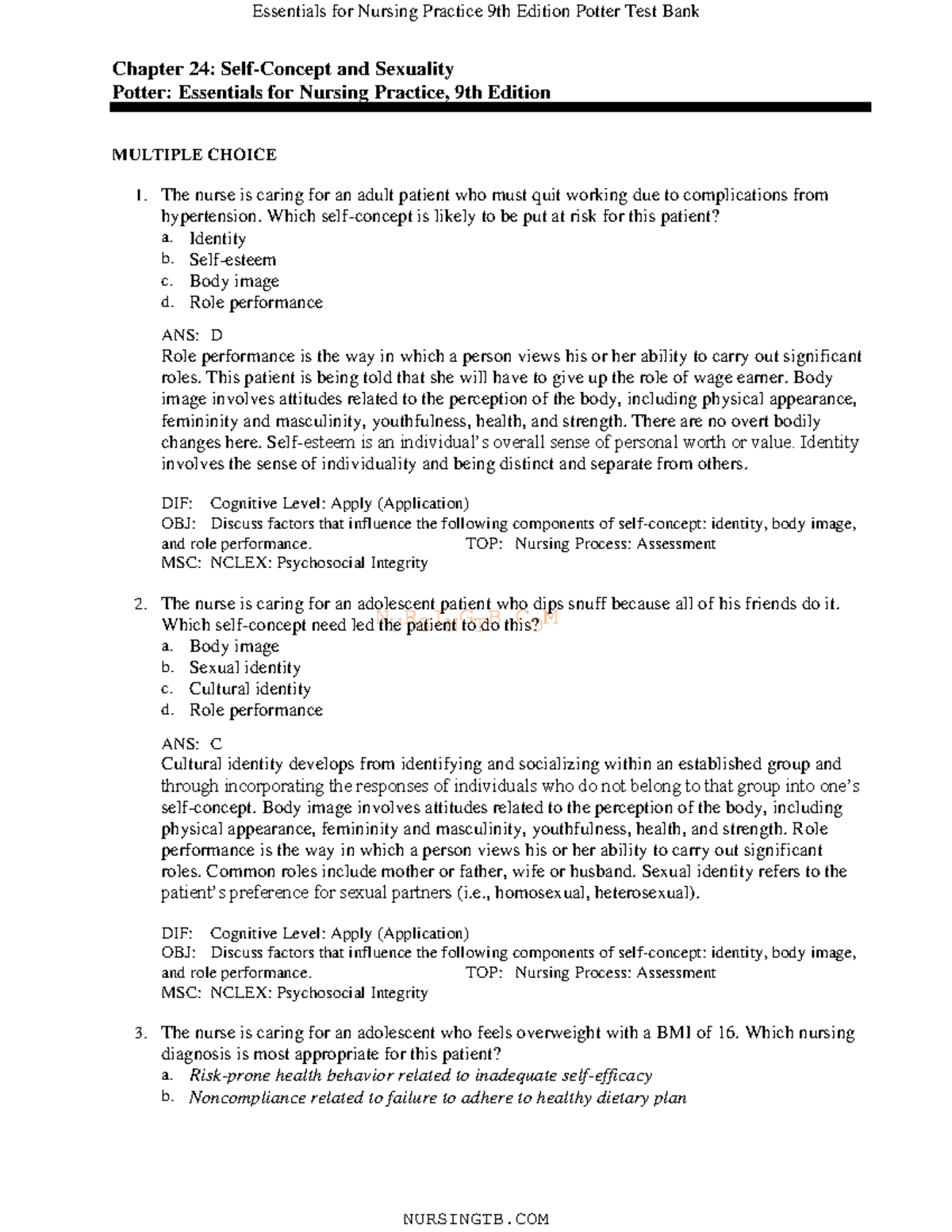 Essentials for Nursing Practice 9th Edition Potter Test Bank: Chapter ...