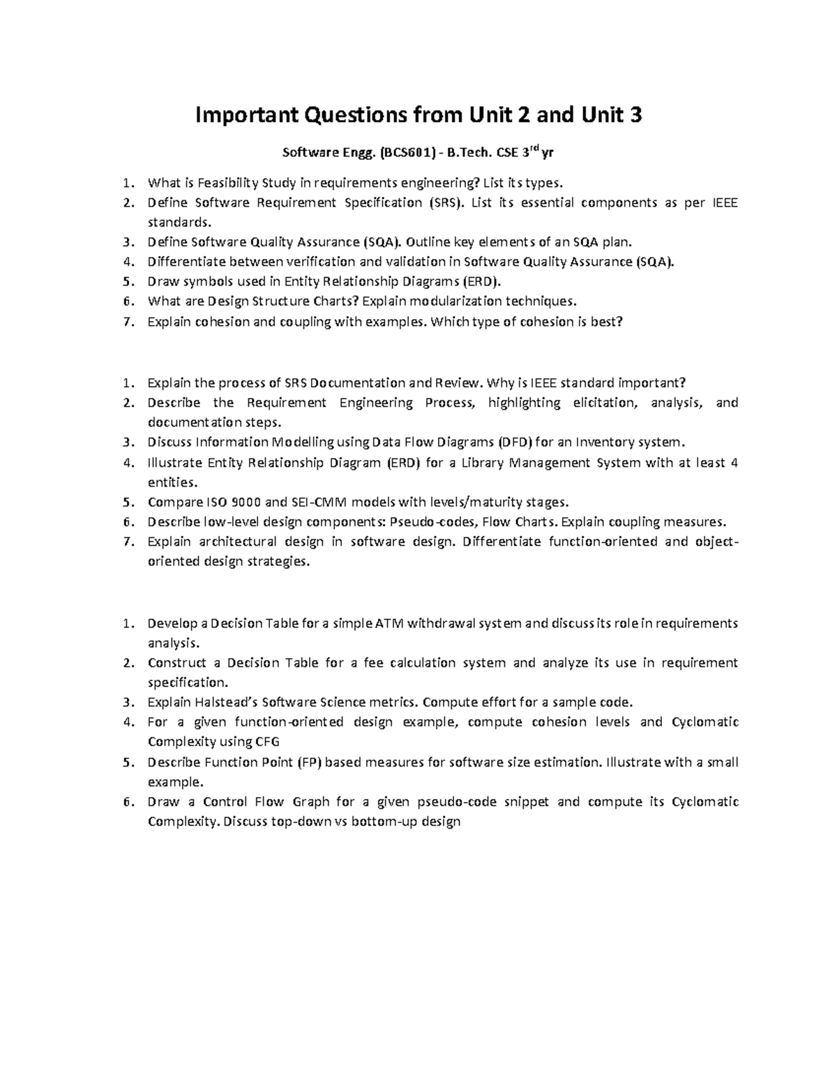 Important Questions from Unit 2 & 3 - Software Engg. (BCS601) - Studocu