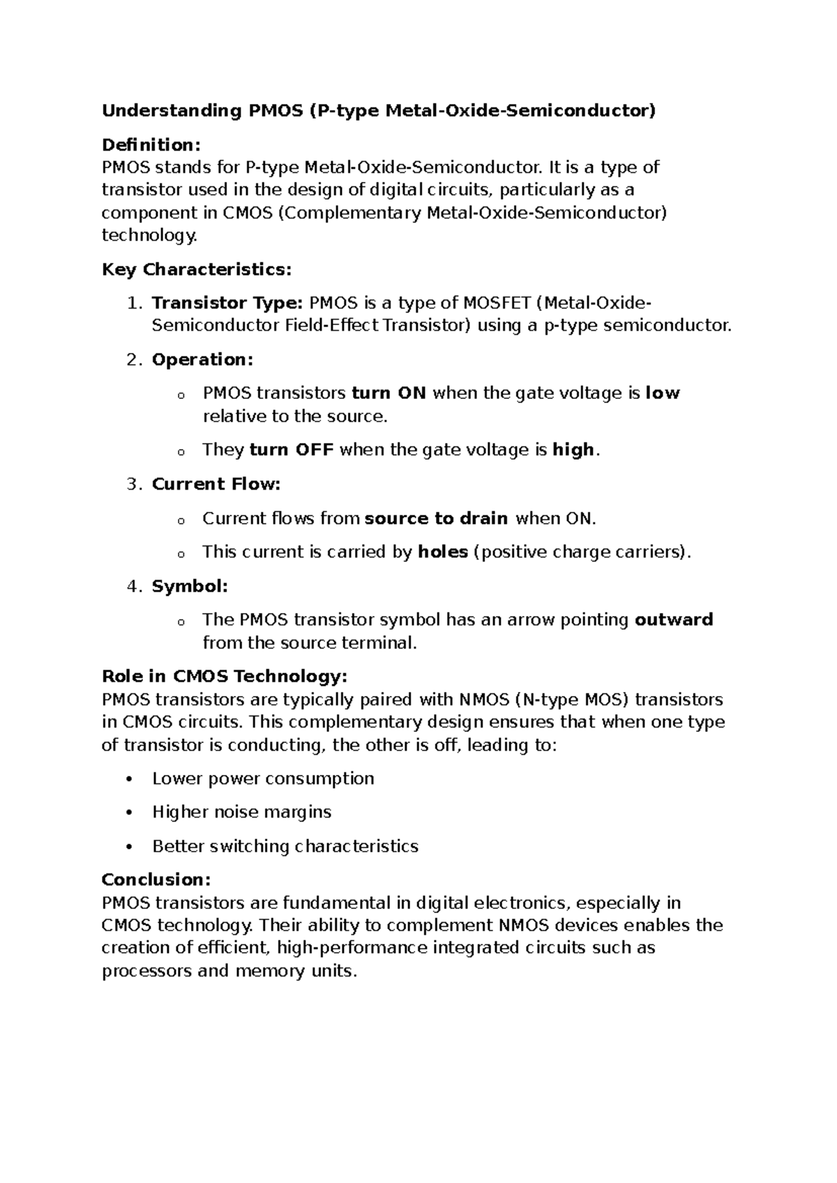 Understanding PMOS Transistors: Key Concepts and Characteristics - Studocu