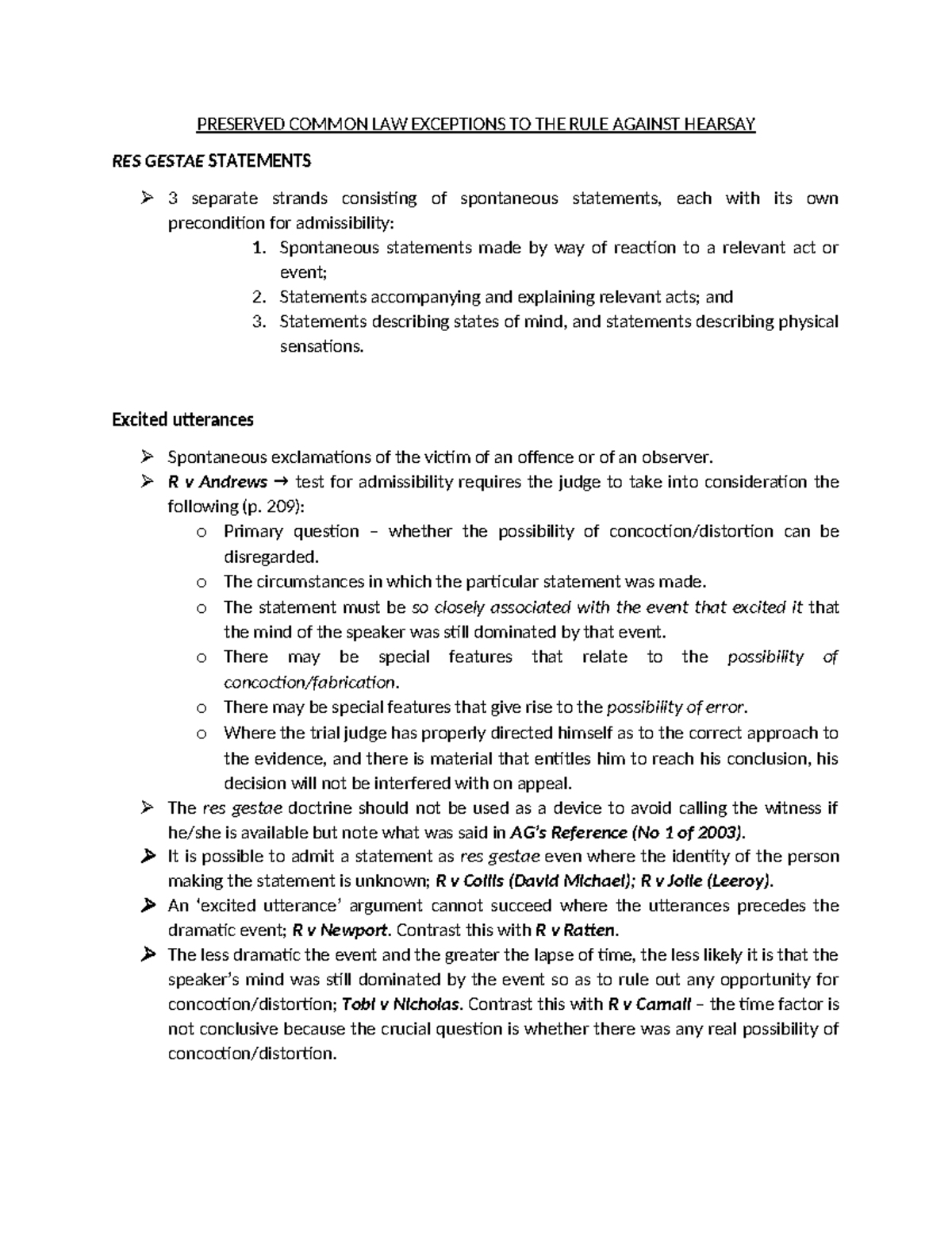 Preserved Common Law Exceptions to Hearsay: Res Gestae Statements (LAW ...