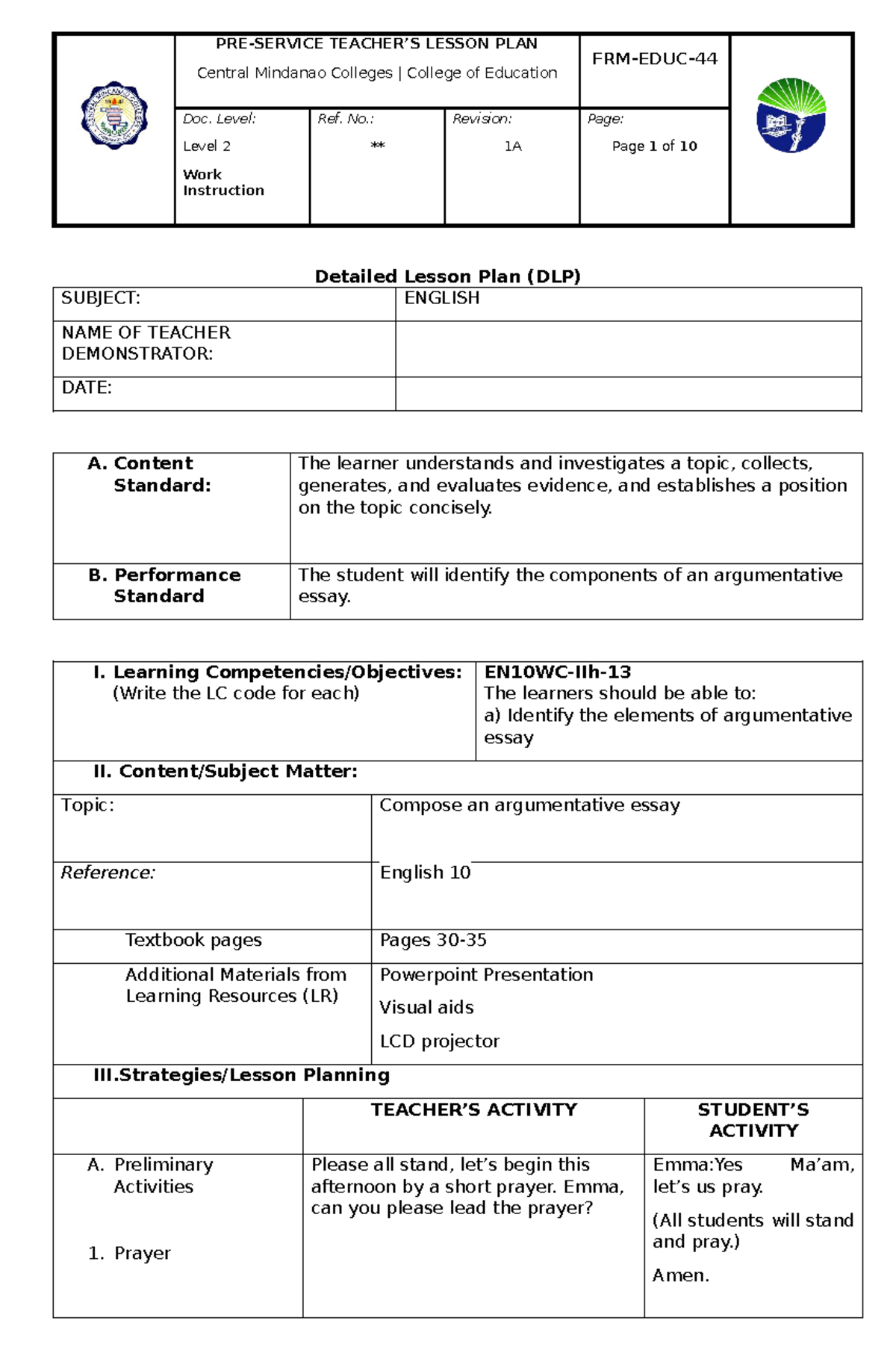 Detailed Lesson Plan (DLP) for English 10: Argumentative Essay Elements ...