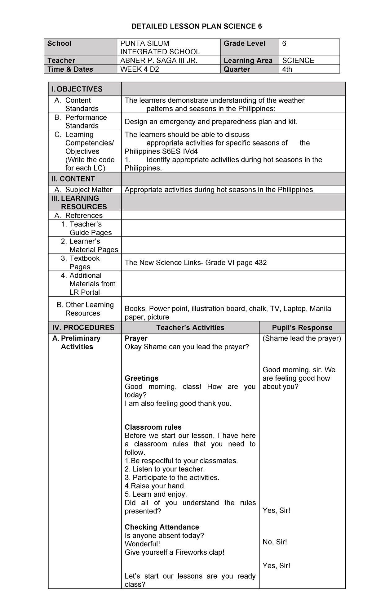 Science 6W4D2 - Detailed Lesson Plan on Weather Activities - Studocu