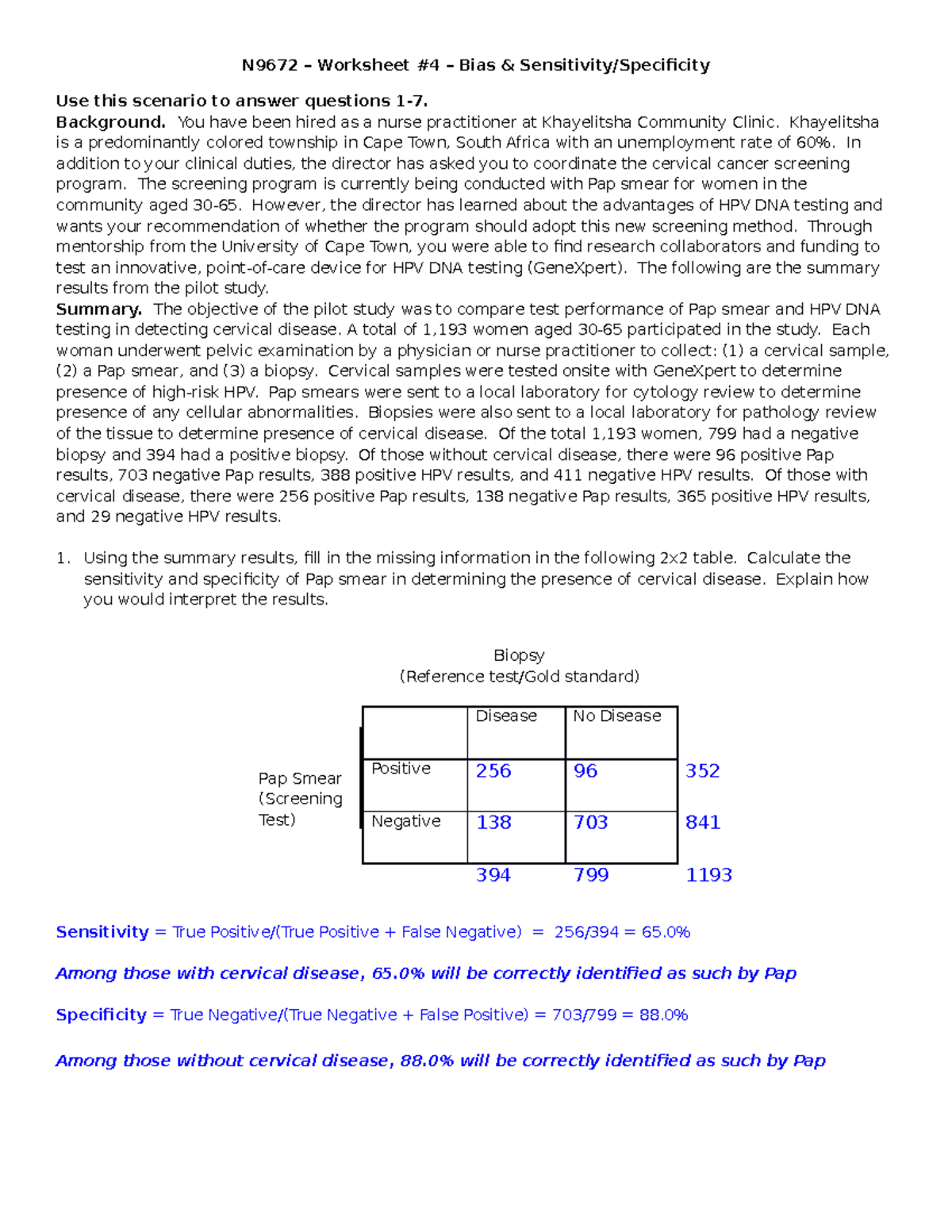 Worksheet 4 Answer KEY - N9672 – Worksheet #4 – Bias & Sensitivity ...