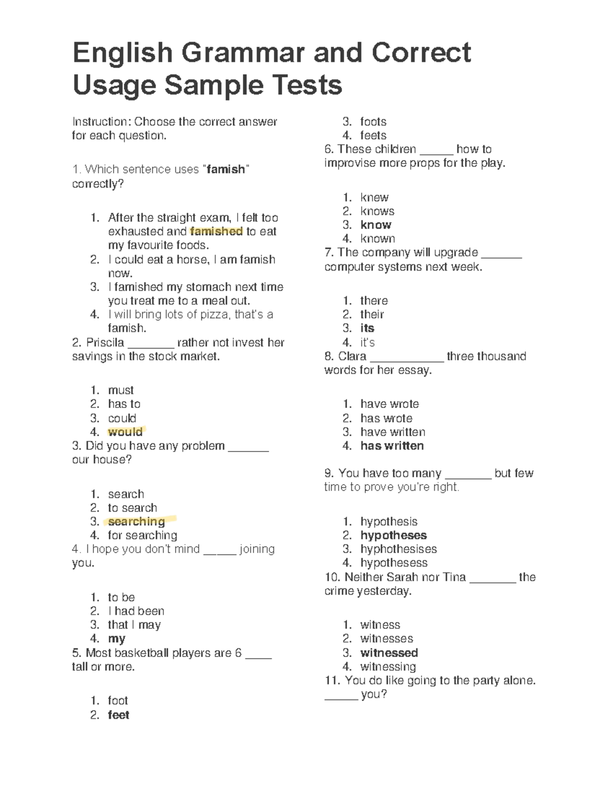 ENG 101: English Grammar & Correct Usage Sample Tests - Studocu