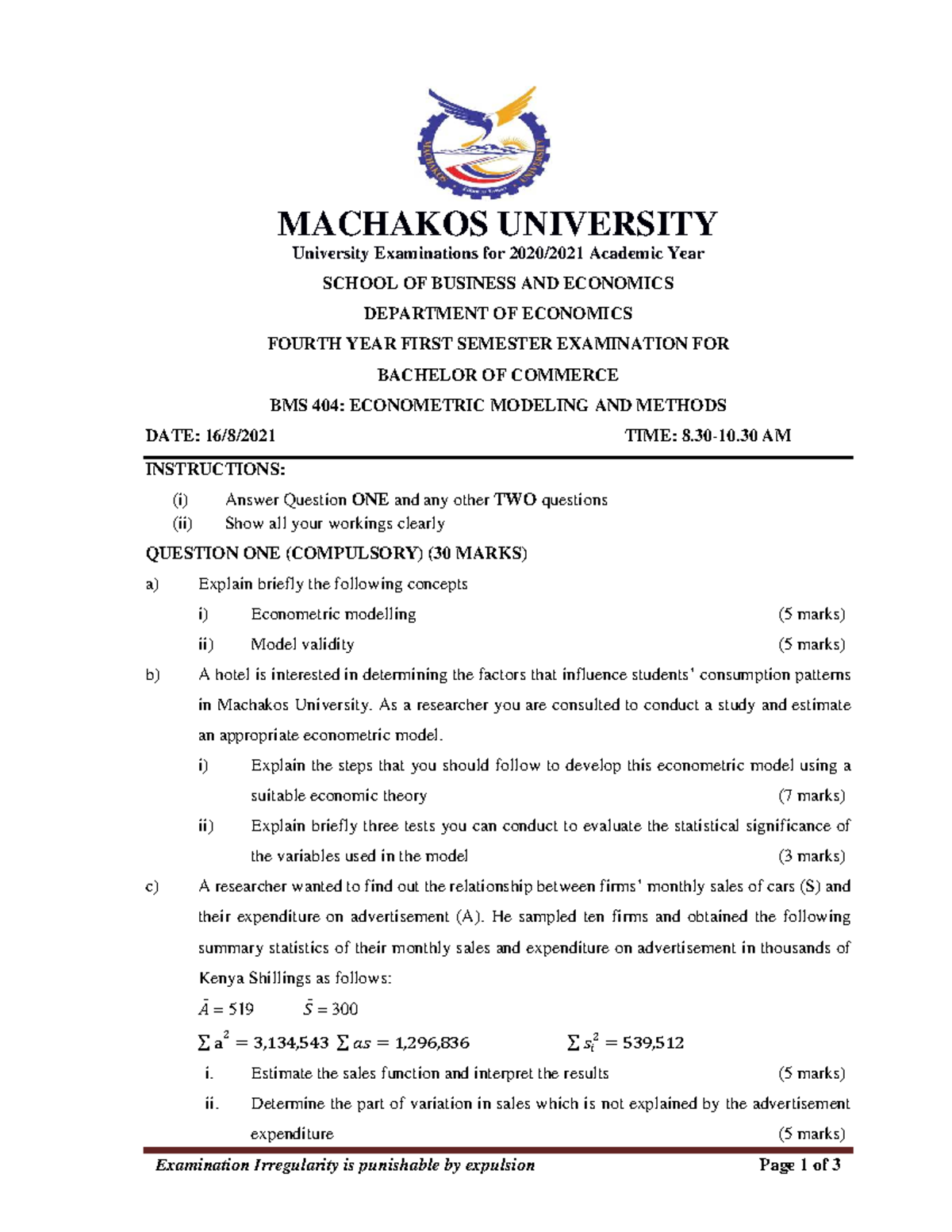 BMS 404 Final Exam: Econometric Modeling & Methods Overview - Studocu