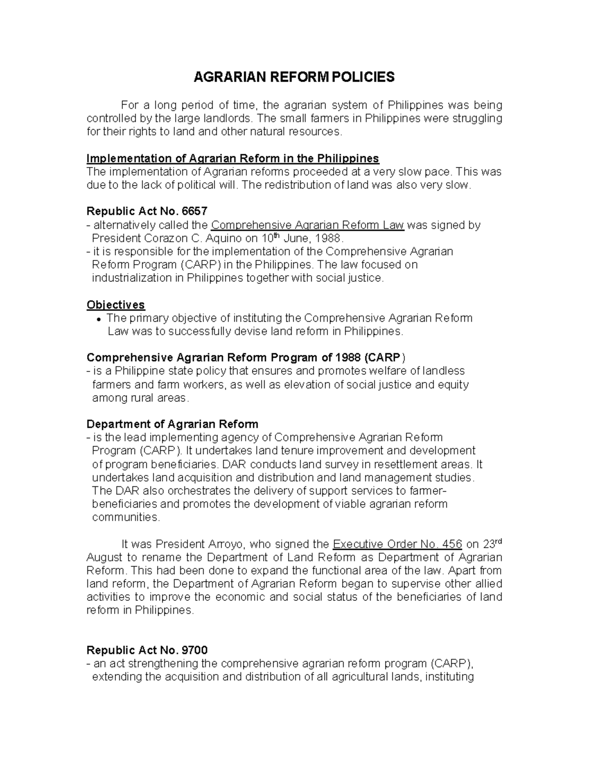 Agrarian Reform Policies Group 7 - AGRARIAN REFORM POLICIES For a long ...