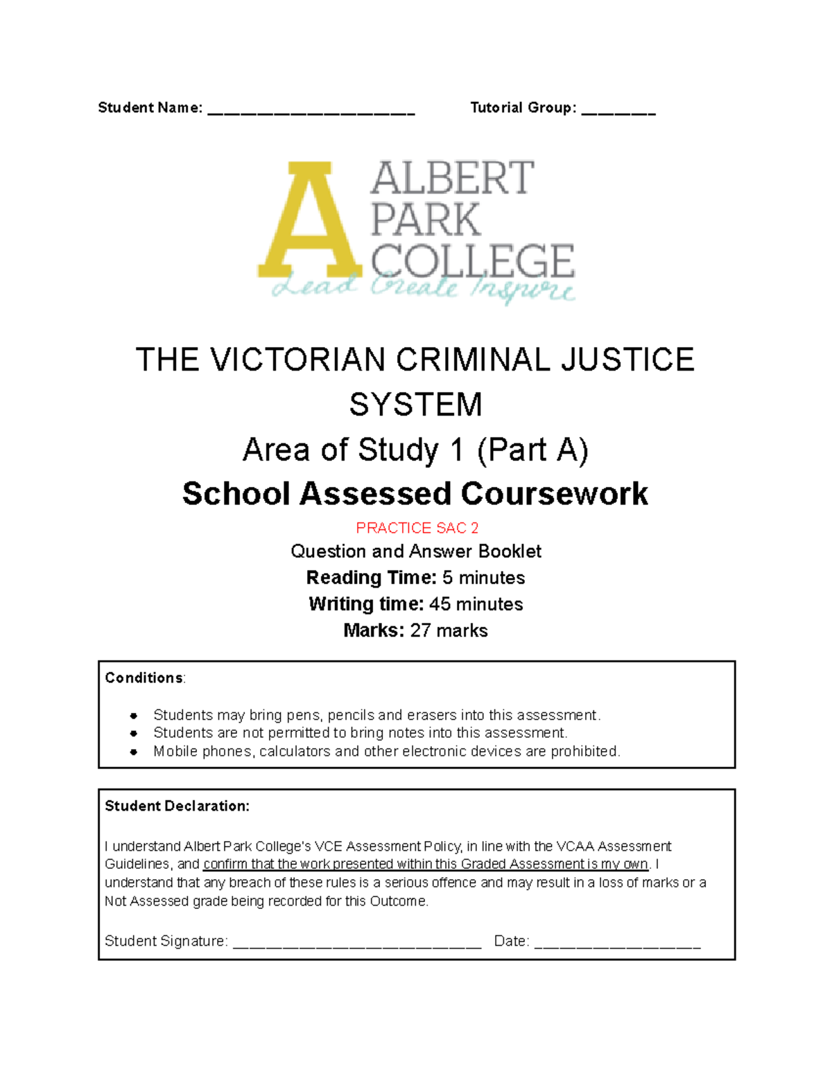 VCE Legal Studies Unit 3 AOS1a SAC Practice 2021: Victorian Criminal ...