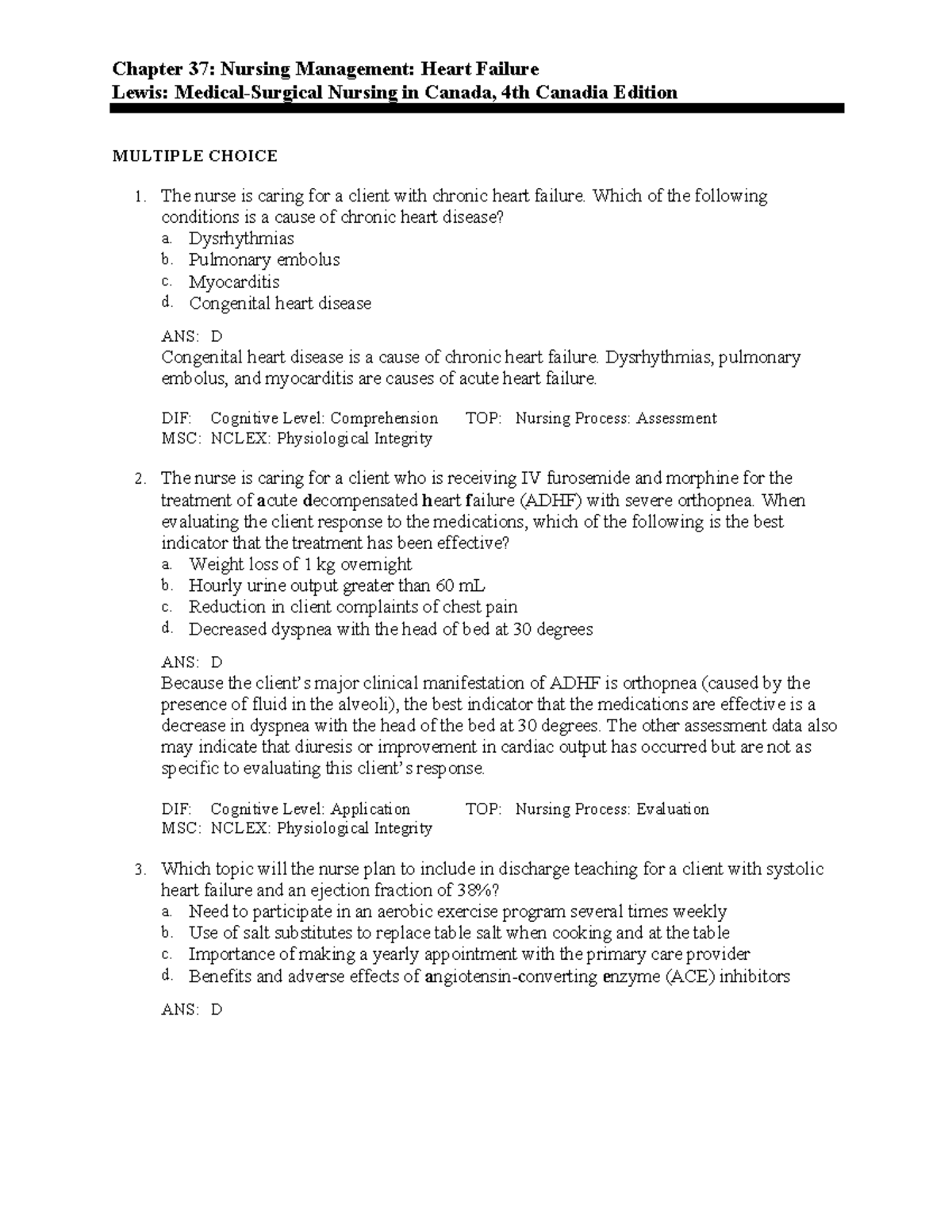 Medsurg CH 37: Nursing Management of Heart Failure - Key Concepts - Studocu