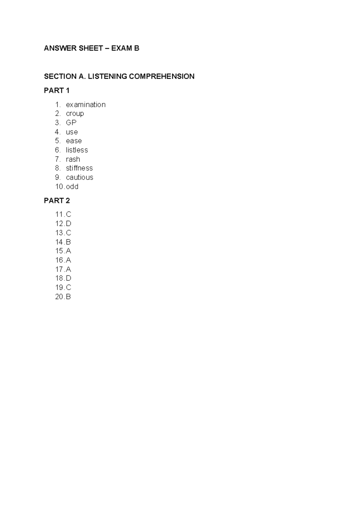 Answer exam B - giỏi - ANSWER SHEET – EXAM B SECTION A. LISTENING ...