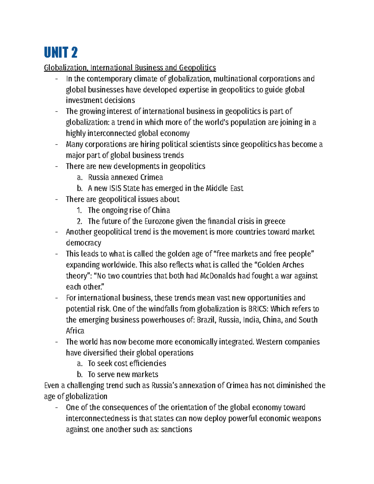 Globalization and Geopolitics: Insights for INTB 101 Final Exam - Studocu