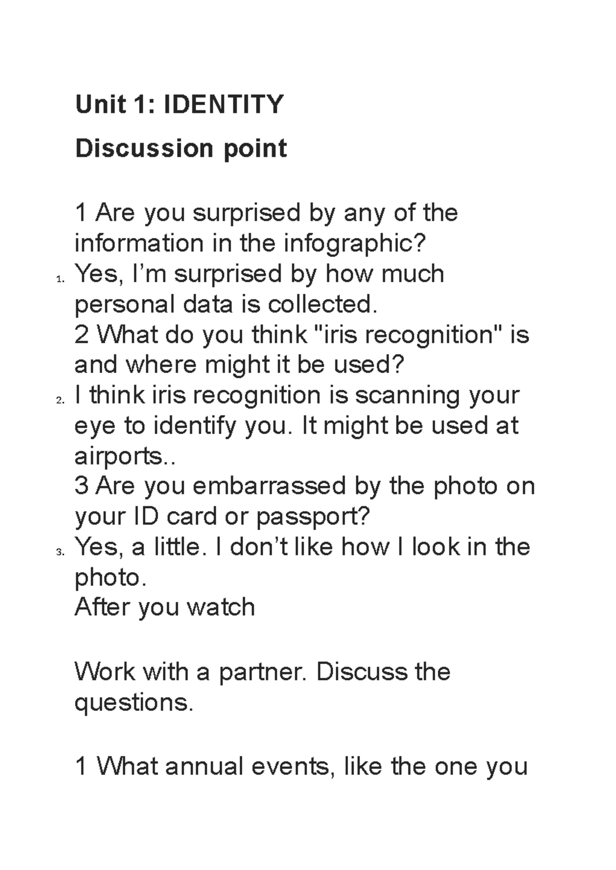 Unit 1: IDENTITY Discussion Points & Skills Reflection - 123456 - Studocu